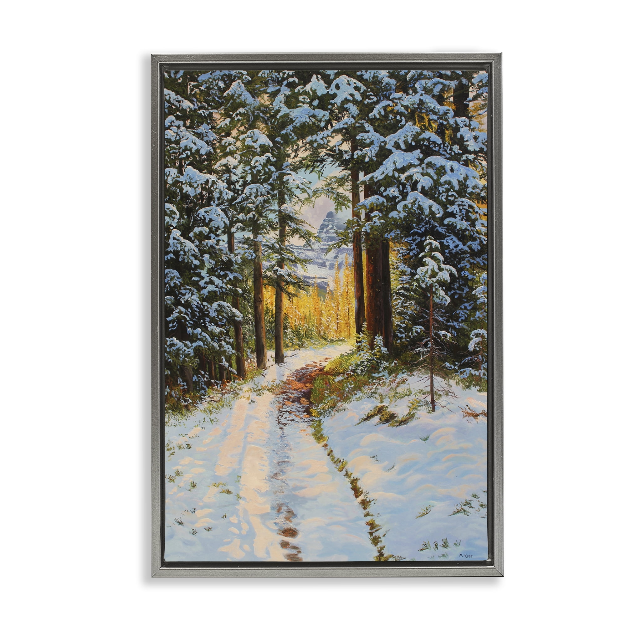 Stupell Industries Snowy Forest Trail Landscape & Nature Painting Gray Floater Framed Canvas Art Print Wall Art, 21 x 31