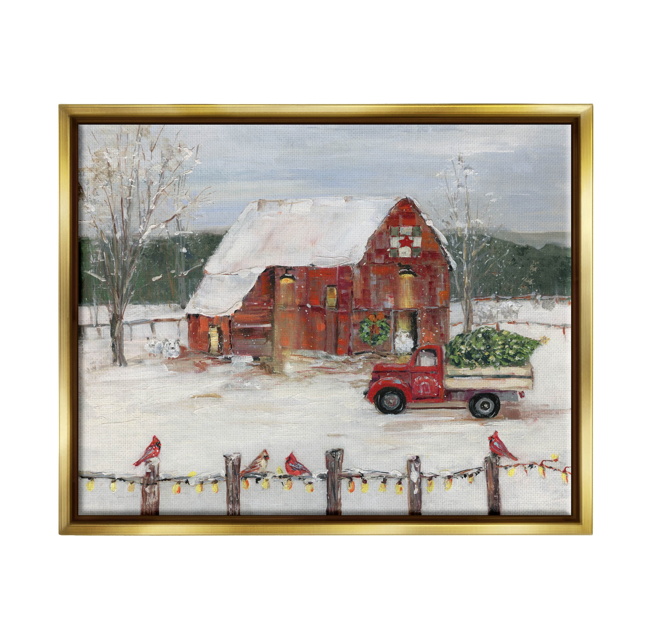 Stupell Industries Snowy Holiday Tree Farm Landscape Painting Metallic Gold Floating Framed Canvas Print Wall Art, Design by Sally Swatland