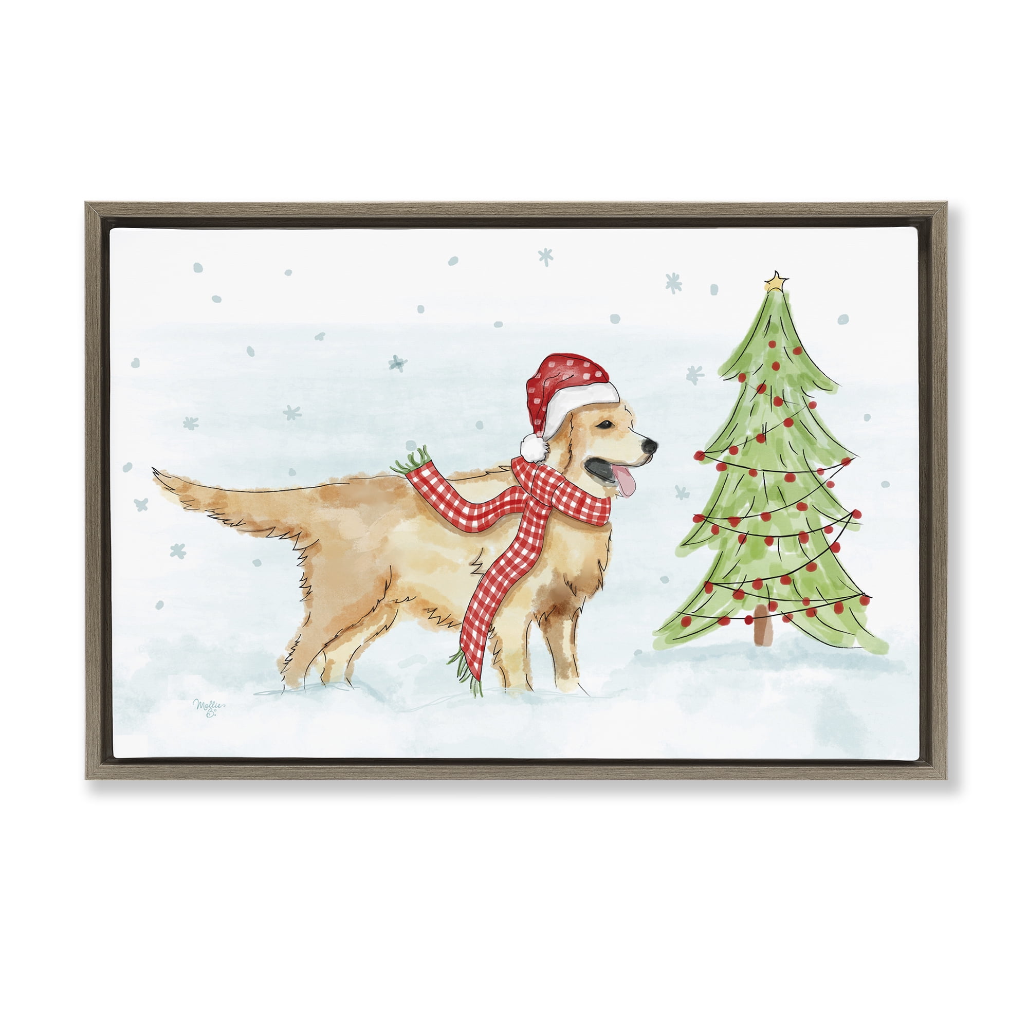 Stupell Industries Snowy Labrador Scene Holiday Painting Brown Floater Framed Canvas Art Prints Wall Art, 25 x 17