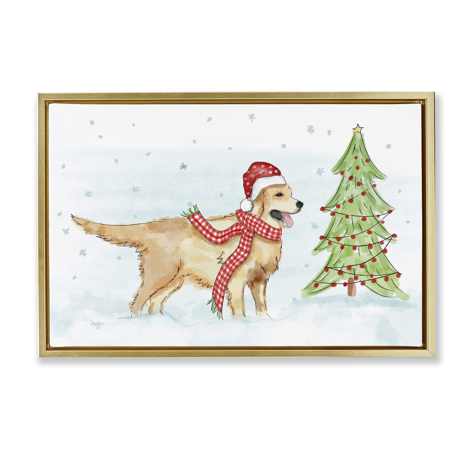 Stupell Industries Snowy Labrador Scene Holiday Painting Gold Floater Framed Canvas Art Prints Wall Art, 25 x 17