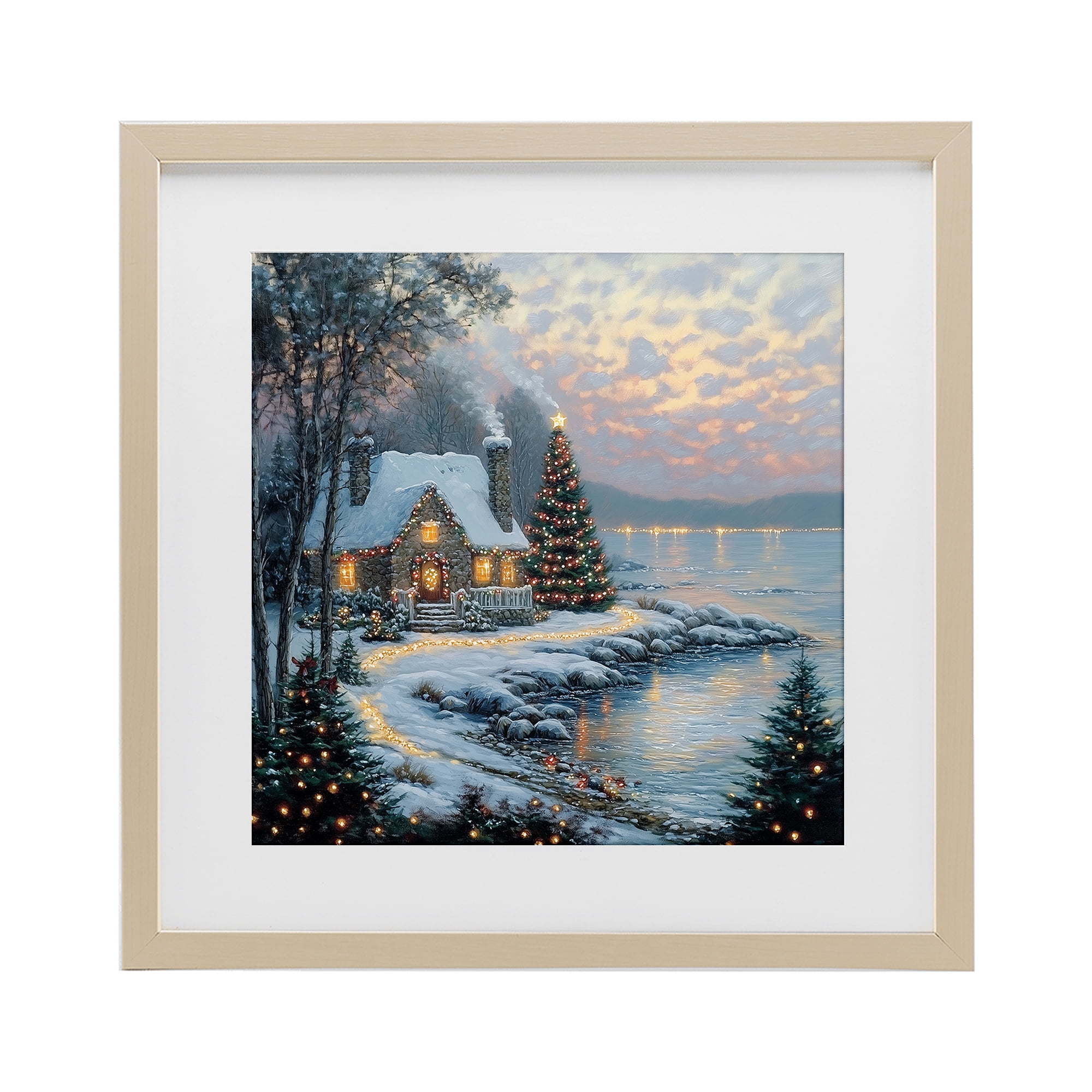 Stupell Industries Snowy Lit Cottage by Lake Birch Framed Print Under Glass, design by Heidi Kuntz