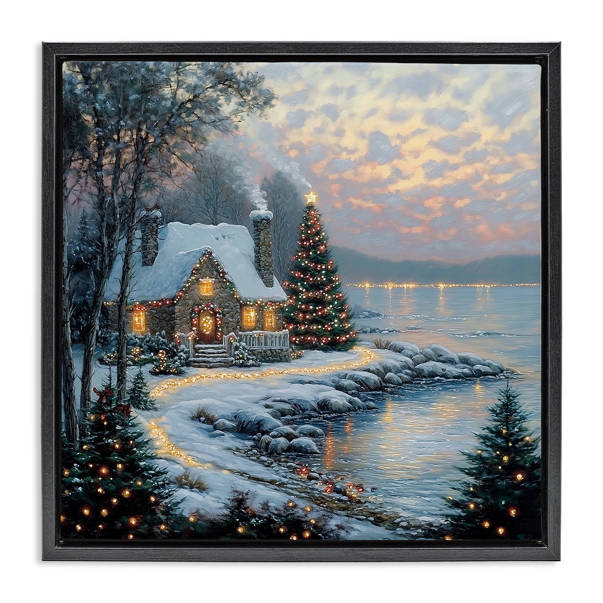 Stupell Industries Snowy Lit Cottage by Lake Black Framed Floater Canvas Wall Art, design by Heidi Kuntz