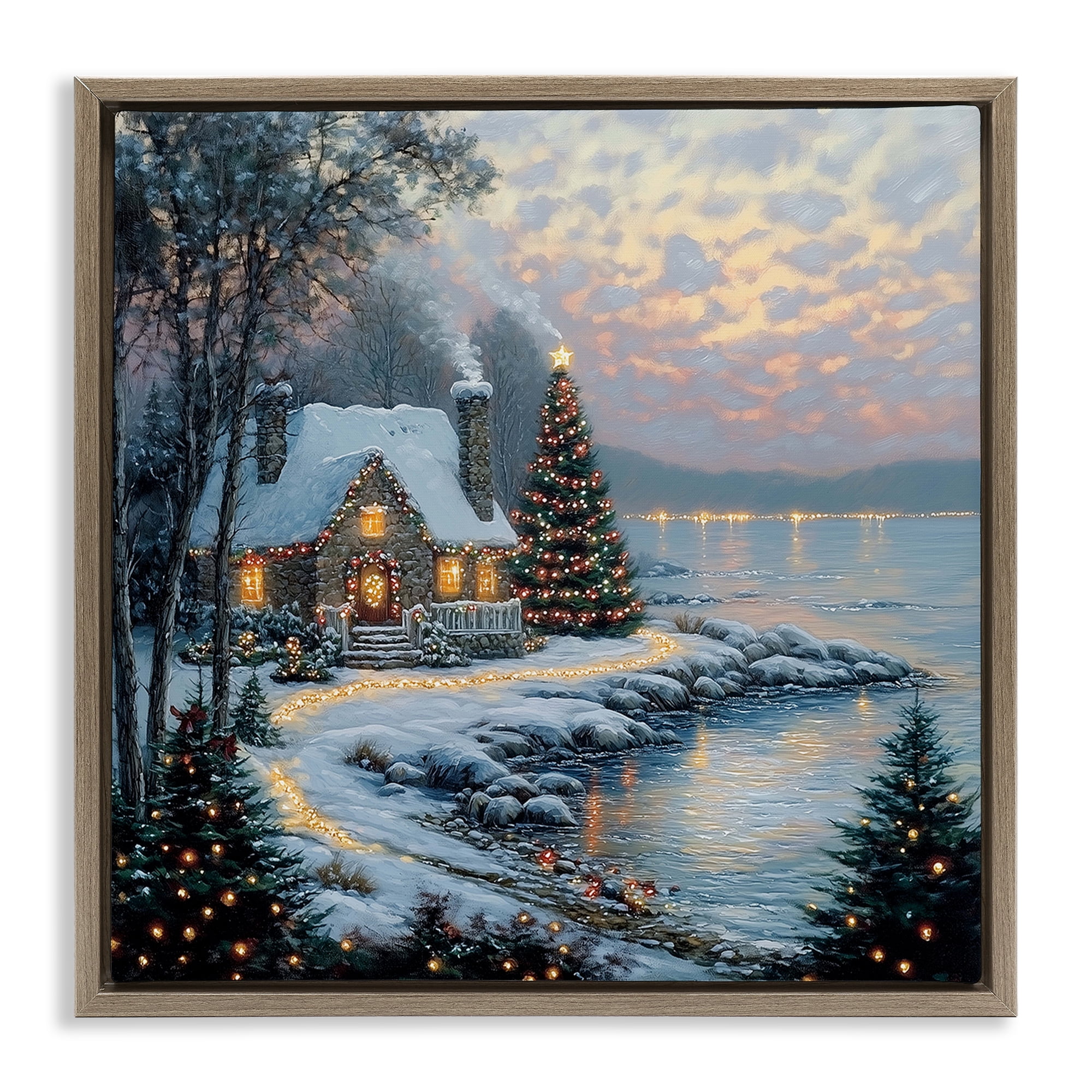 Stupell Industries Snowy Lit Cottage by Lake Brown Framed Floater Canvas Wall Art, design by Heidi Kuntz