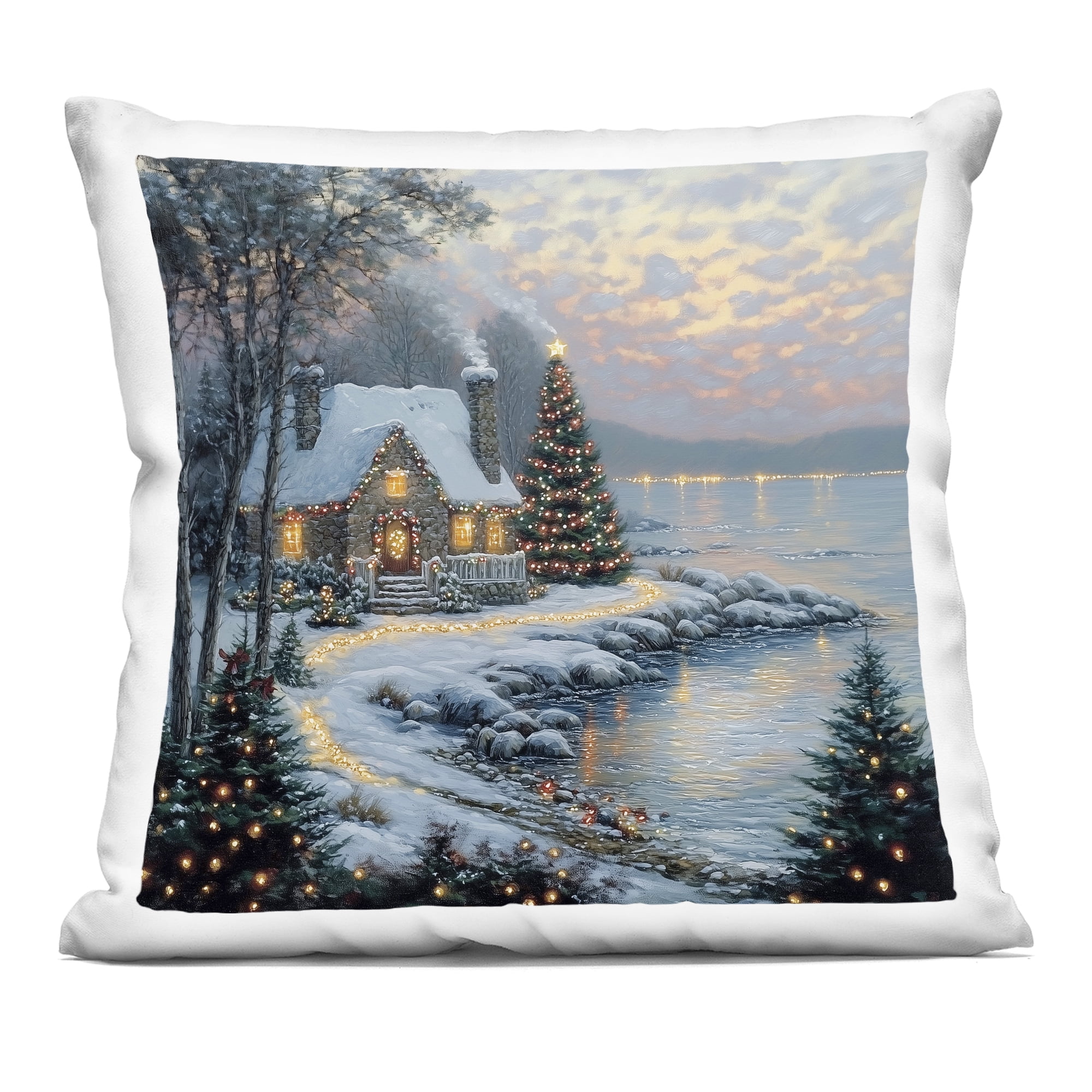 Stupell Industries Snowy Lit Cottage by Lake Decorative Printed Throw Pillow, design by Heidi Kuntz, 18 x 7 x 18