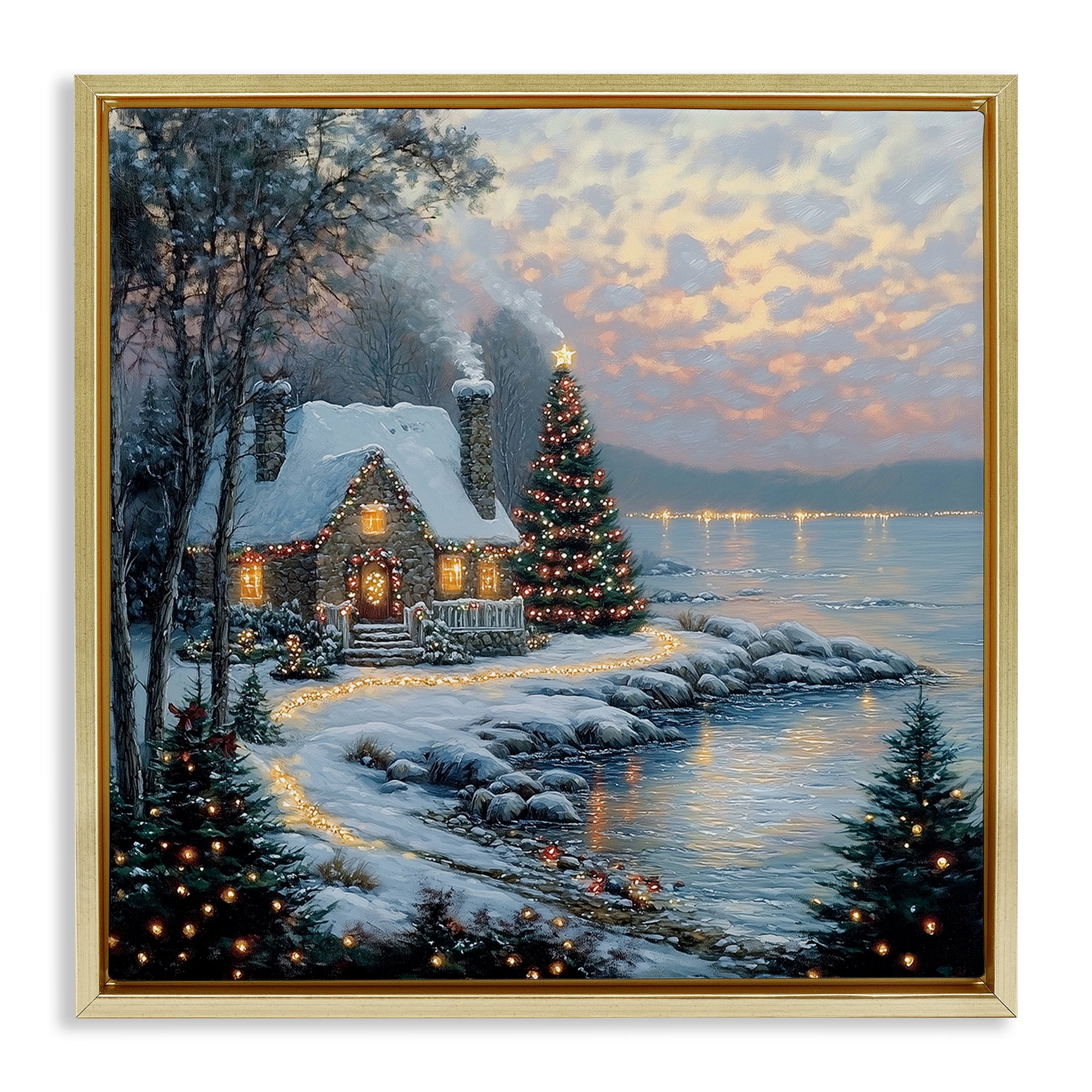 Stupell Industries Snowy Lit Cottage by Lake Gold Framed Floater Canvas Wall Art, design by Heidi Kuntz