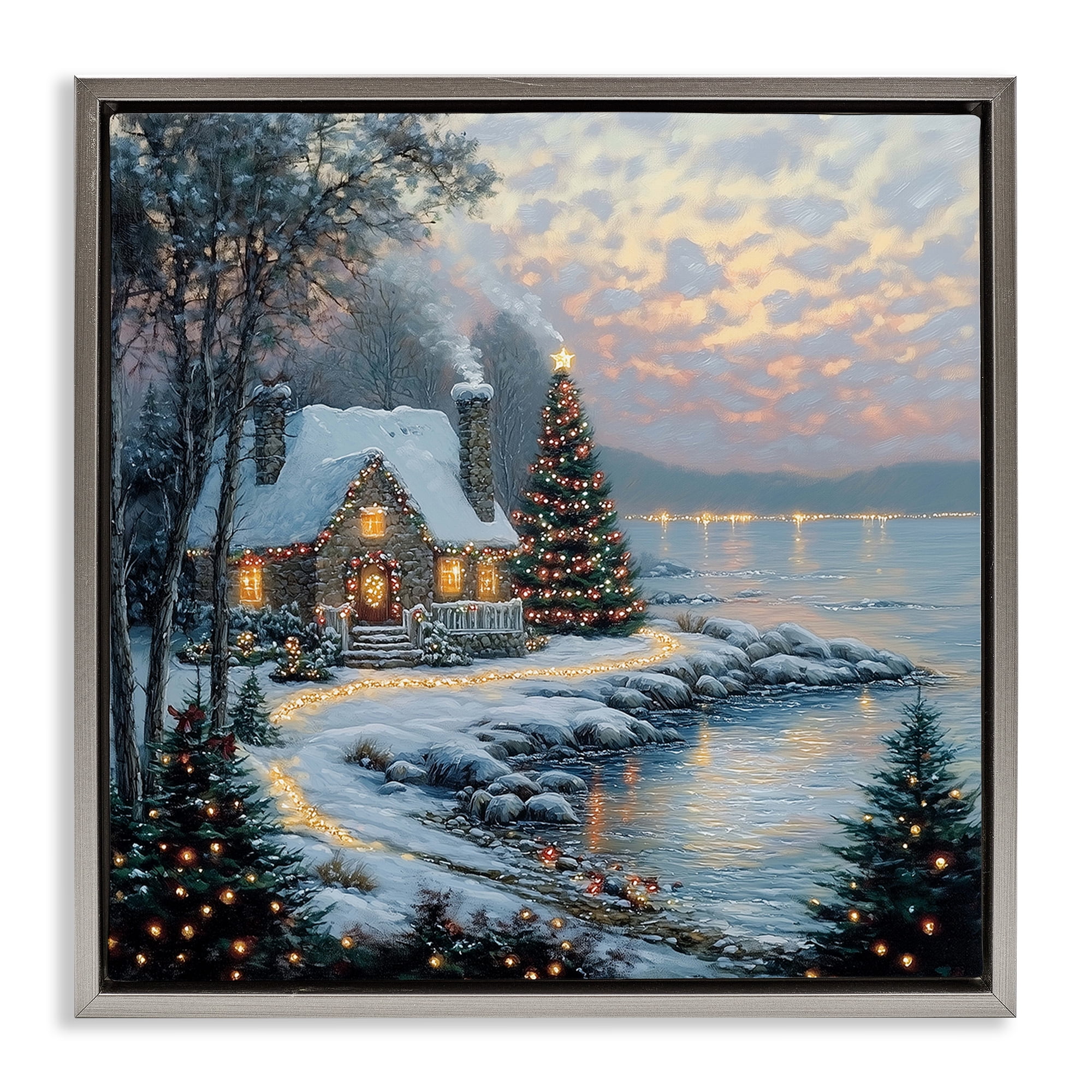 Stupell Industries Snowy Lit Cottage by Lake Gray Framed Floater Canvas Wall Art, design by Heidi Kuntz