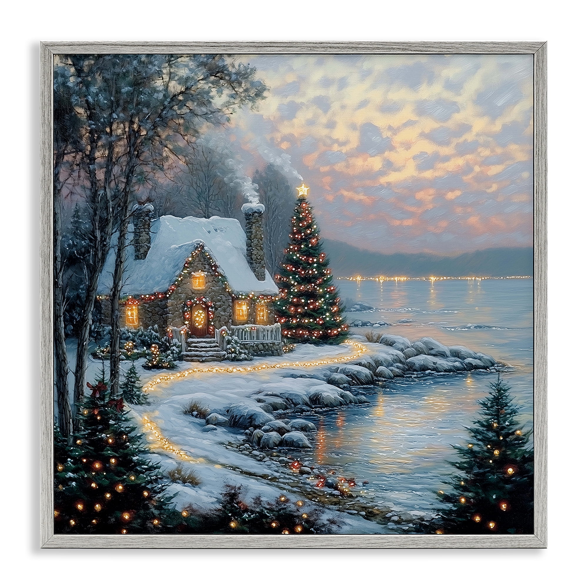 Stupell Industries Snowy Lit Cottage by Lake Gray Framed Giclee Art, design by Heidi Kuntz