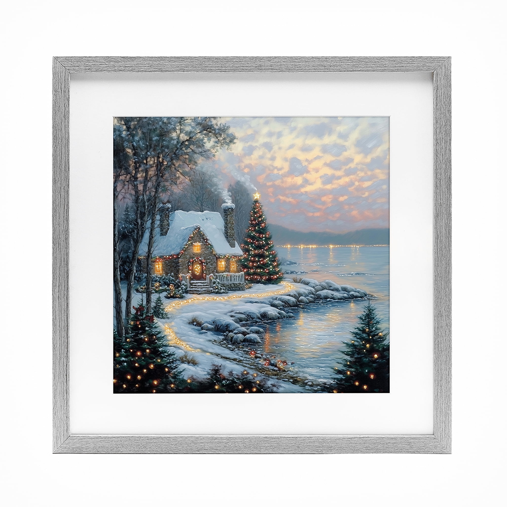 Stupell Industries Snowy Lit Cottage by Lake Gray Framed Print Under Glass, design by Heidi Kuntz
