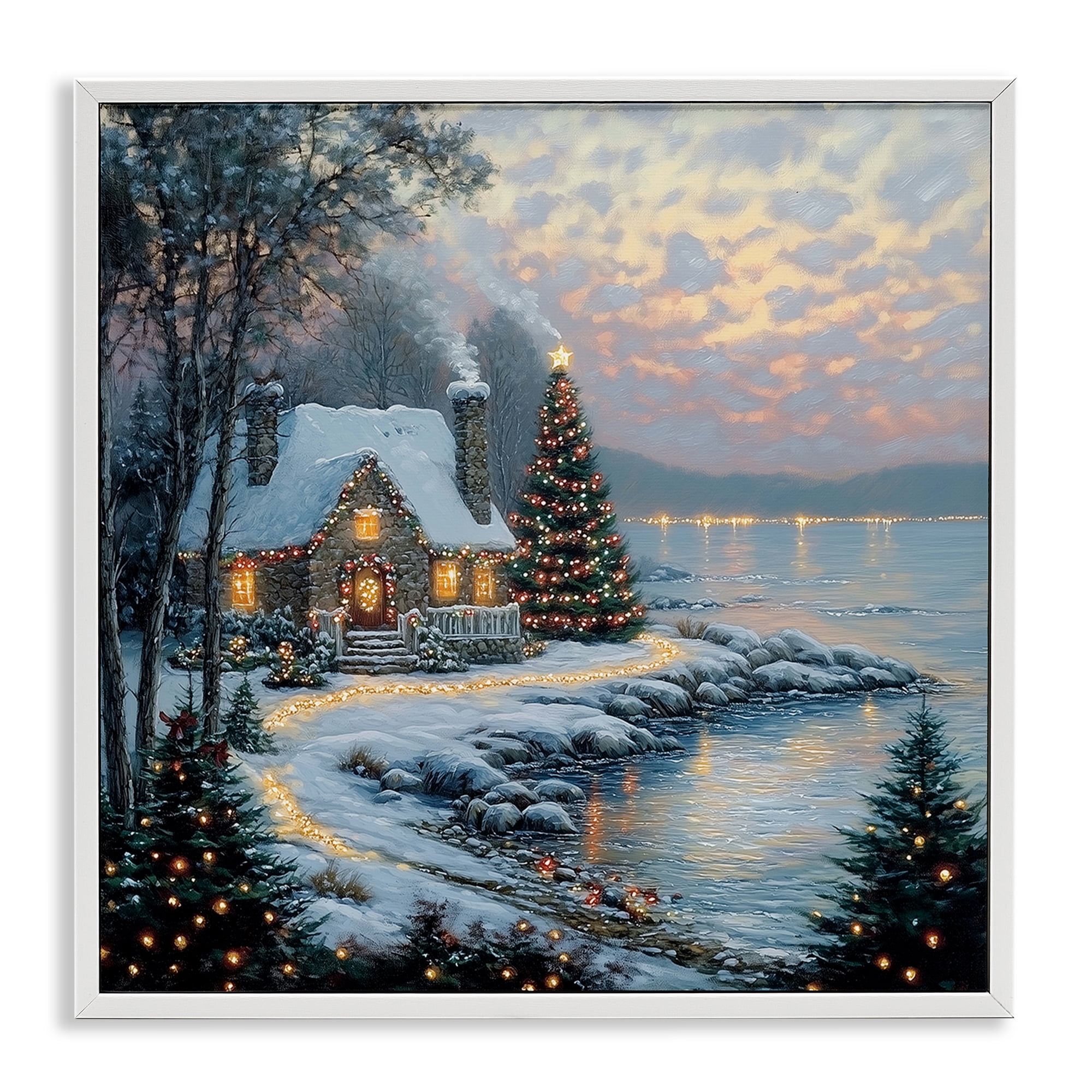 Stupell Industries Snowy Lit Cottage by Lake White Framed Giclee Art, design by Heidi Kuntz