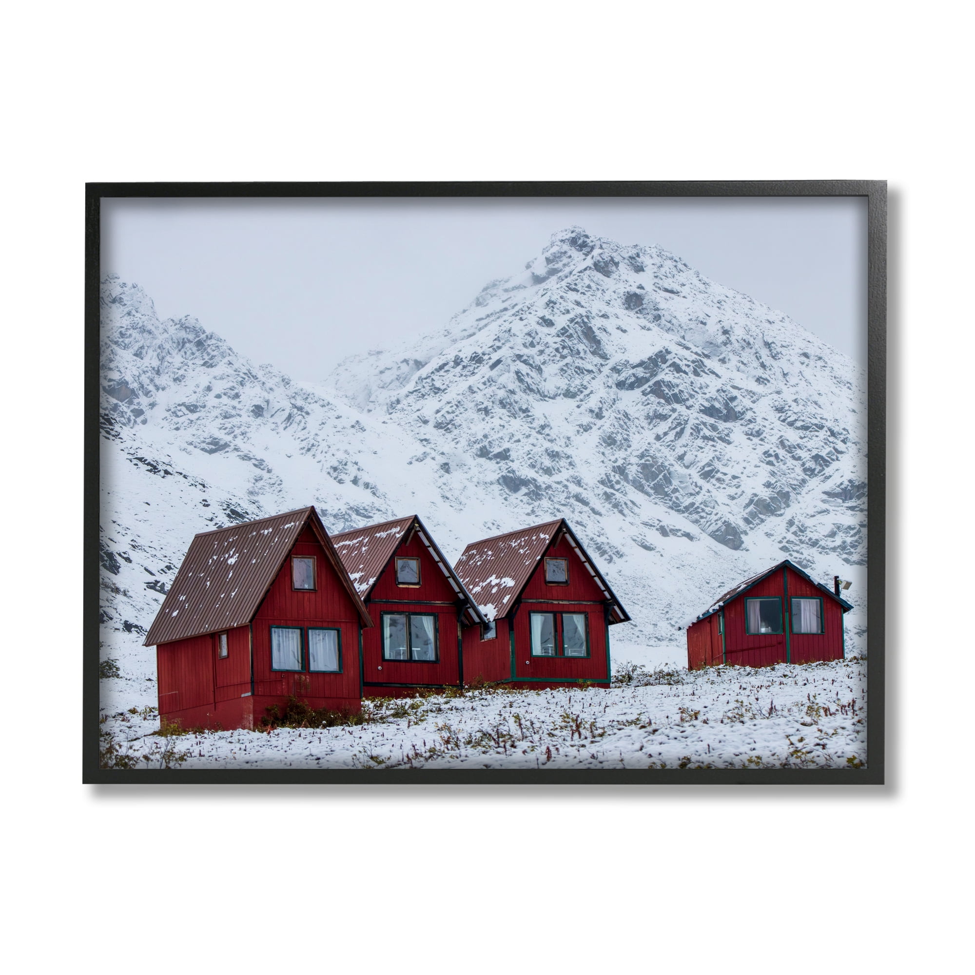 Stupell Industries Snowy Mountain Shacks Landscape Photography Black Framed Art Print Wall Art, 20 x 16
