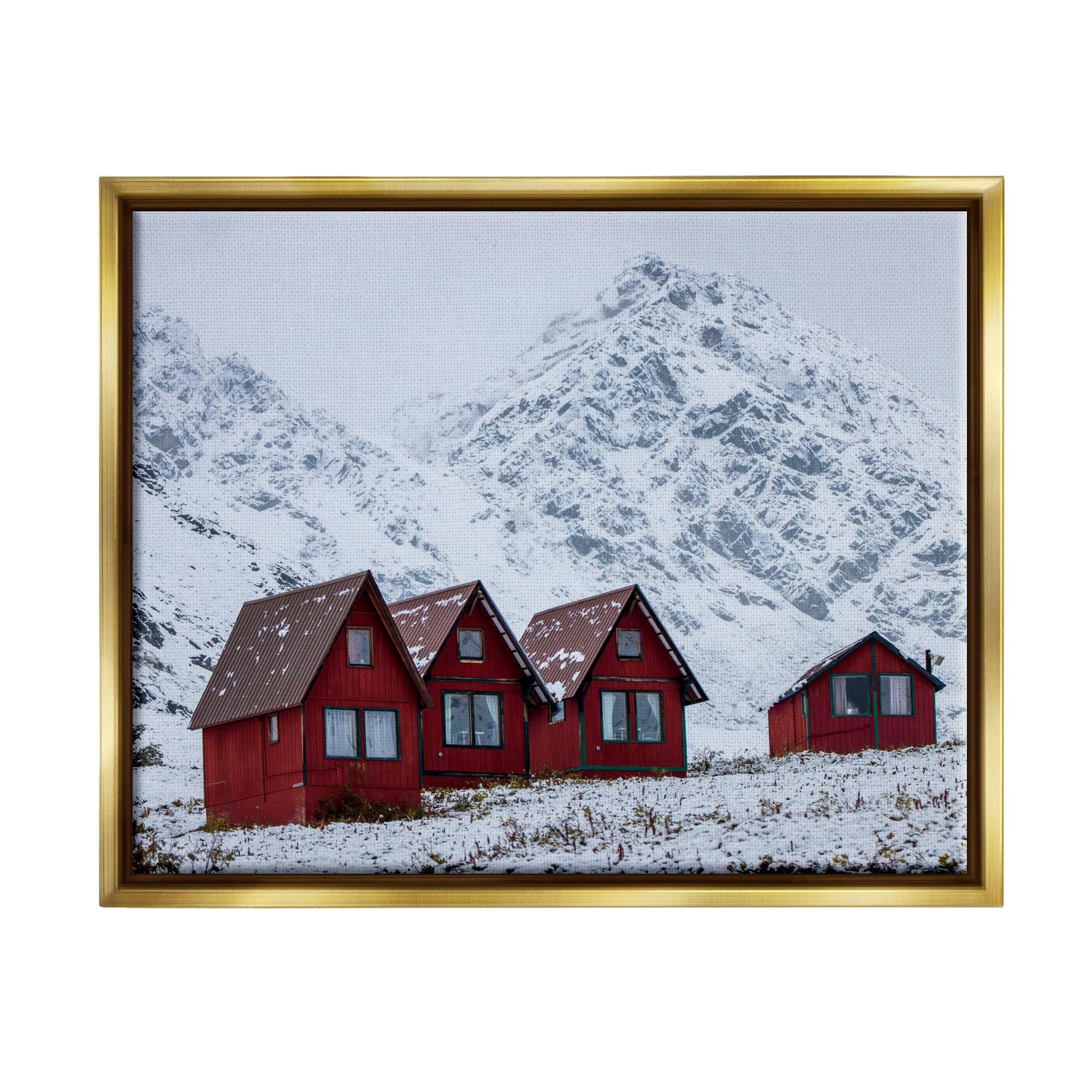 Stupell Industries Snowy Mountain Shacks Landscape Photography Gold Floater Framed Canvas Art Print Wall Art, 21 x 17