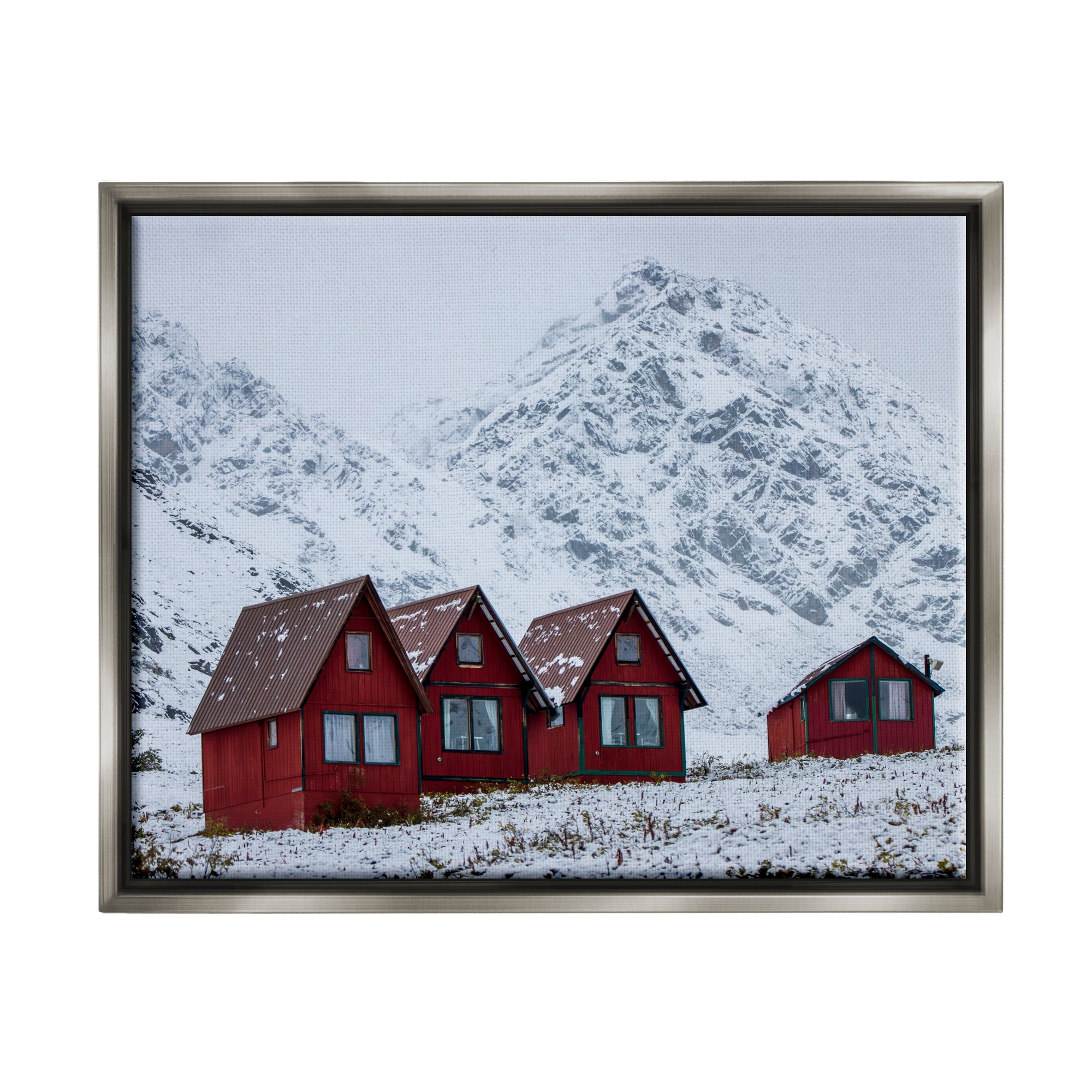 Stupell Industries Snowy Mountain Shacks Landscape Photography Gray Floater Framed Canvas Art Print Wall Art, 31 x 25