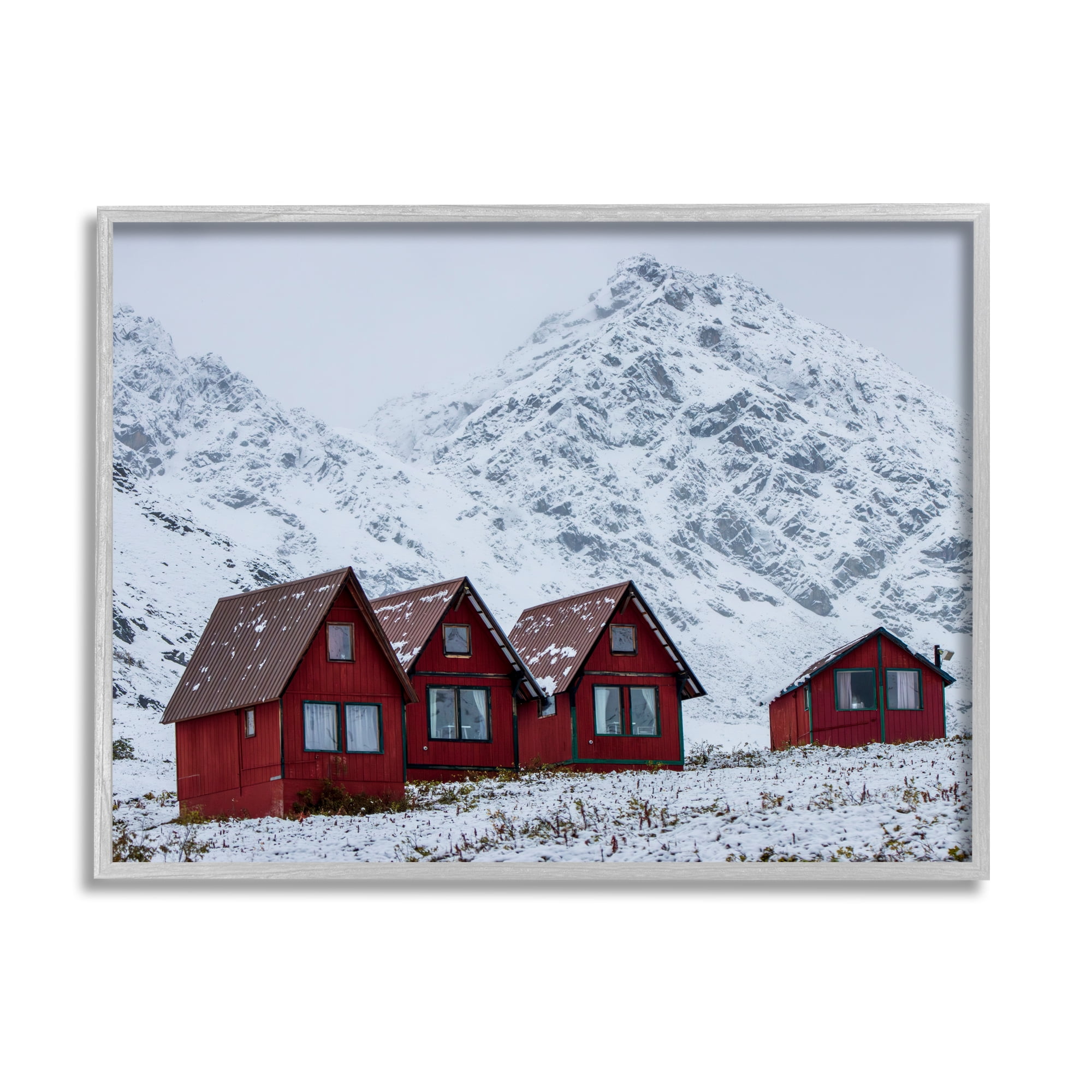 Stupell Industries Snowy Mountain Shacks Landscape Photography Gray Framed Art Print Wall Art, 30 x 24