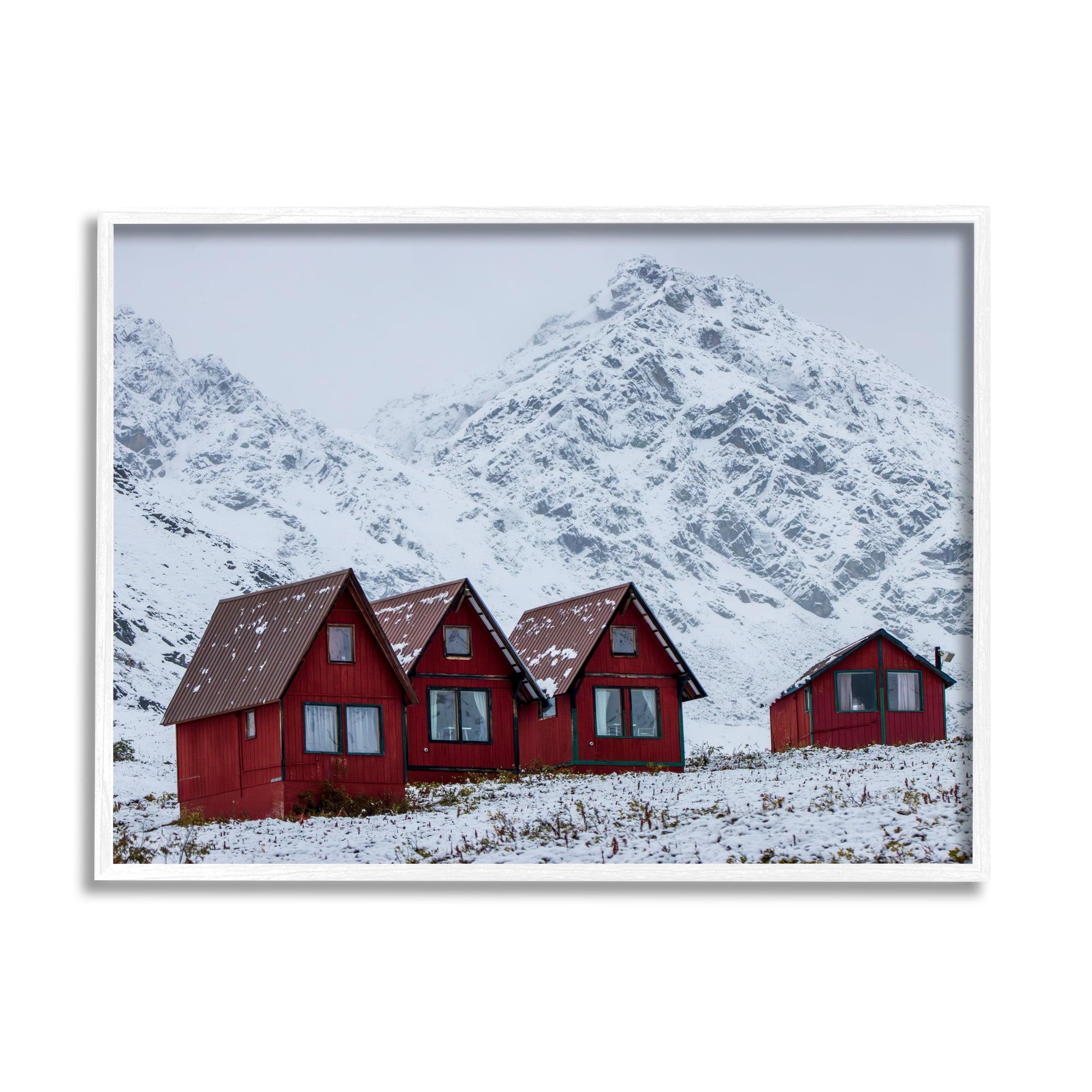 Stupell Industries Snowy Mountain Shacks Landscape Photography White Framed Art Print Wall Art, 30 x 24