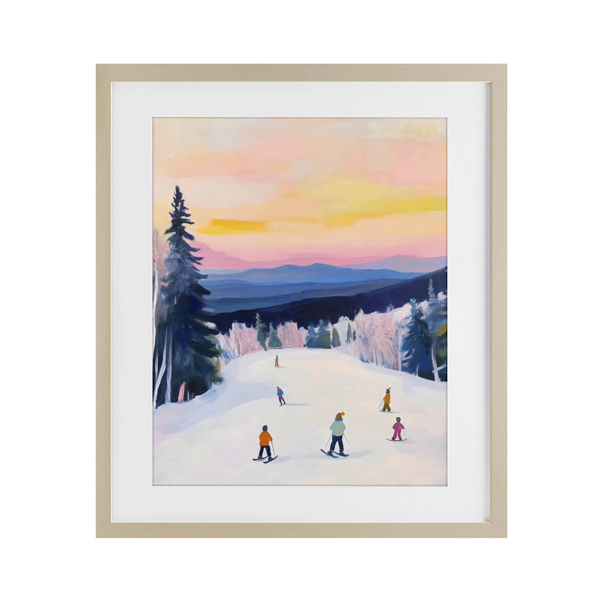 Stupell Industries Snowy Mountain Skiers at Sunset Birch Framed Print Under Glass, design by The Prints Vibe