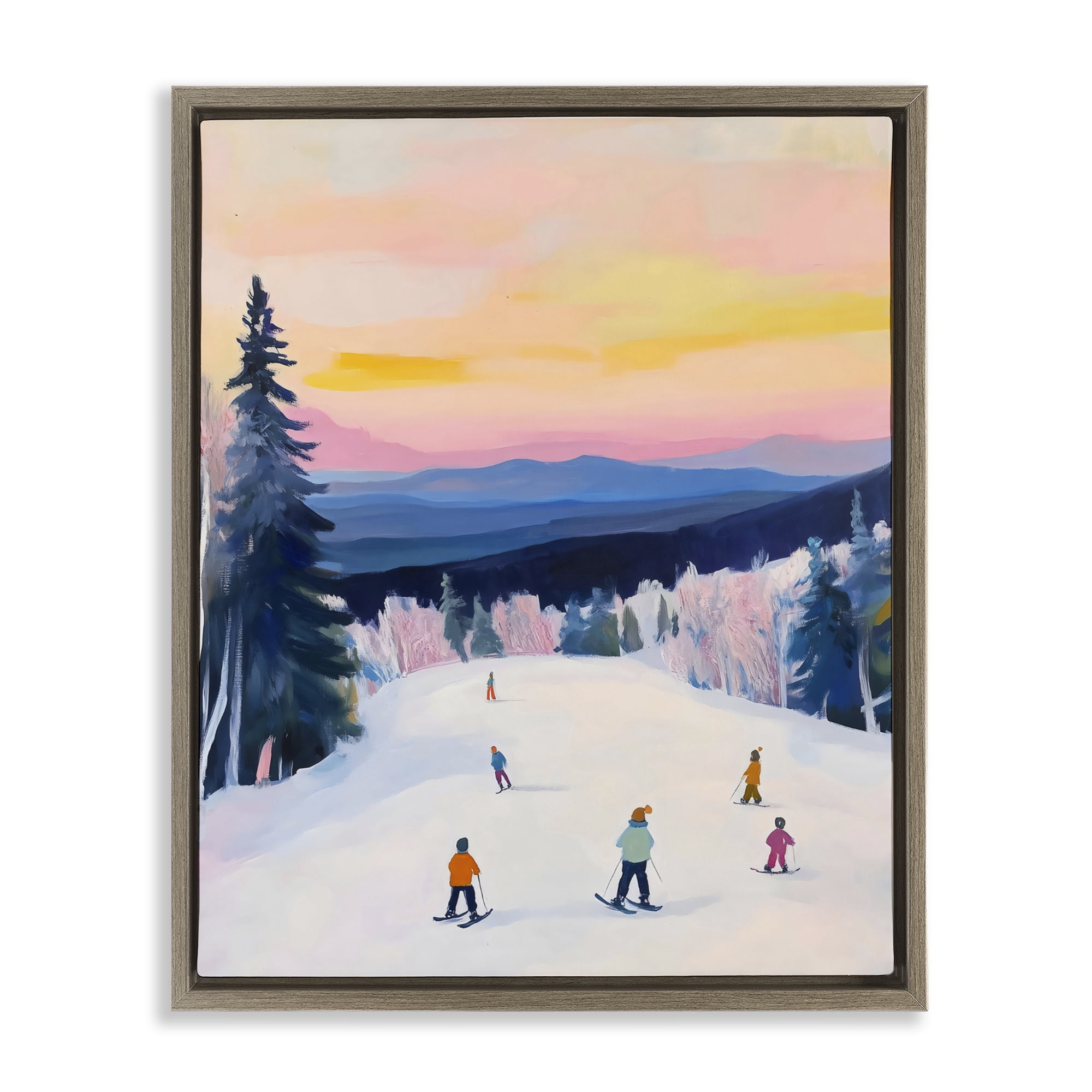 Stupell Industries Snowy Mountain Skiers at Sunset Brown Framed Floater Canvas Wall Art, design by The Prints Vibe