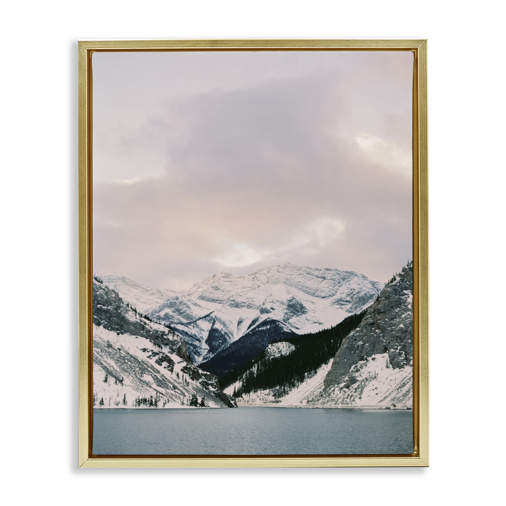 Stupell Industries Snowy Peaks Seascape Landscape Photography Gold Floater Framed Art Print Wall Art, 17 x 21