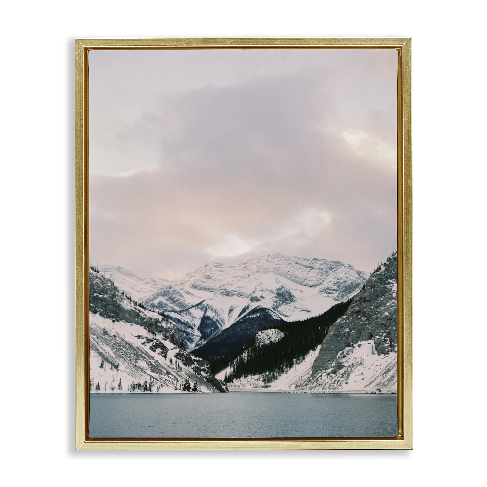 Stupell Industries Snowy Peaks Seascape Landscape Photography Gold Floater Framed Art Print Wall Art, 25 x 31