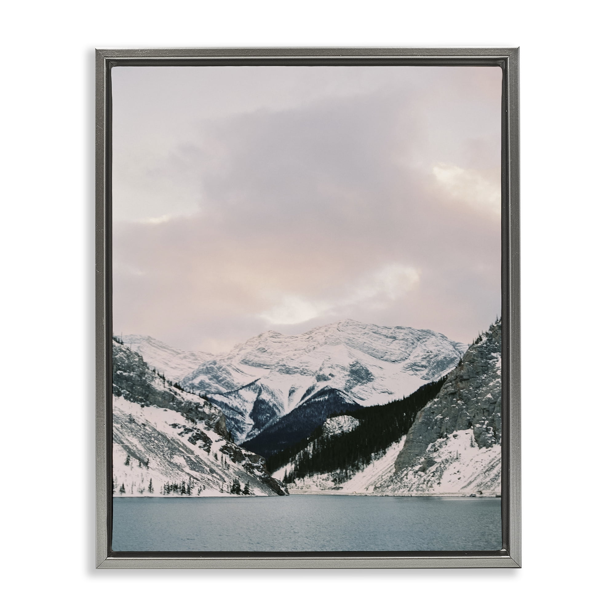 Stupell Industries Snowy Peaks Seascape Landscape Photography Gray Floater Framed Art Print Wall Art, 25 x 31