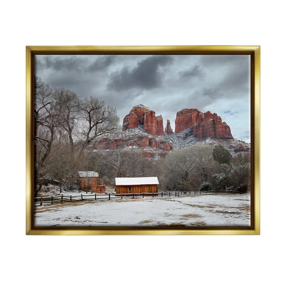 Stupell Industries Snowy Rural Landscape Nature Photography Gold Floater Framed Art Print Wall Art, 31 x 25
