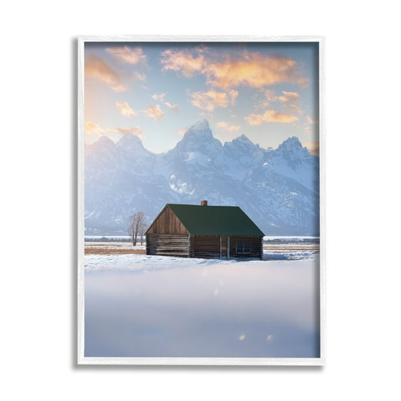 Stupell Industries Snowy Winter Cabin Landscape Photography White Framed Art Print Wall Art, 24 x 30