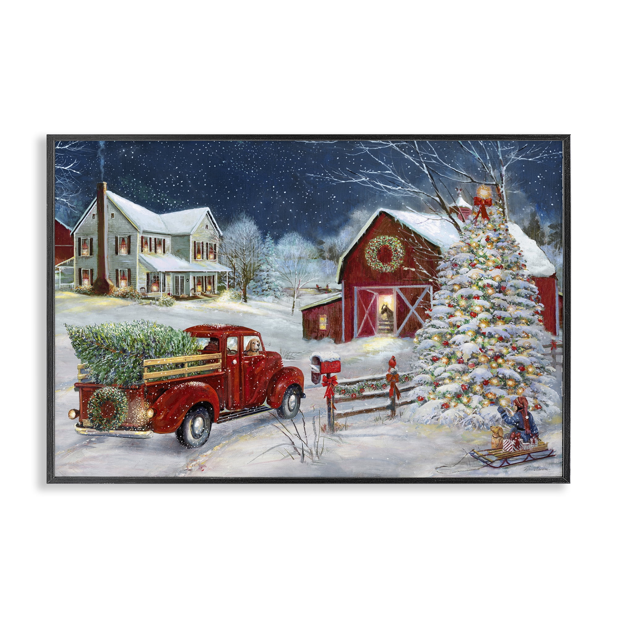 Stupell Industries Snowy Winter Farmhouse Holiday Painting Black Framed Art Prints Wall Art, 24 x 16
