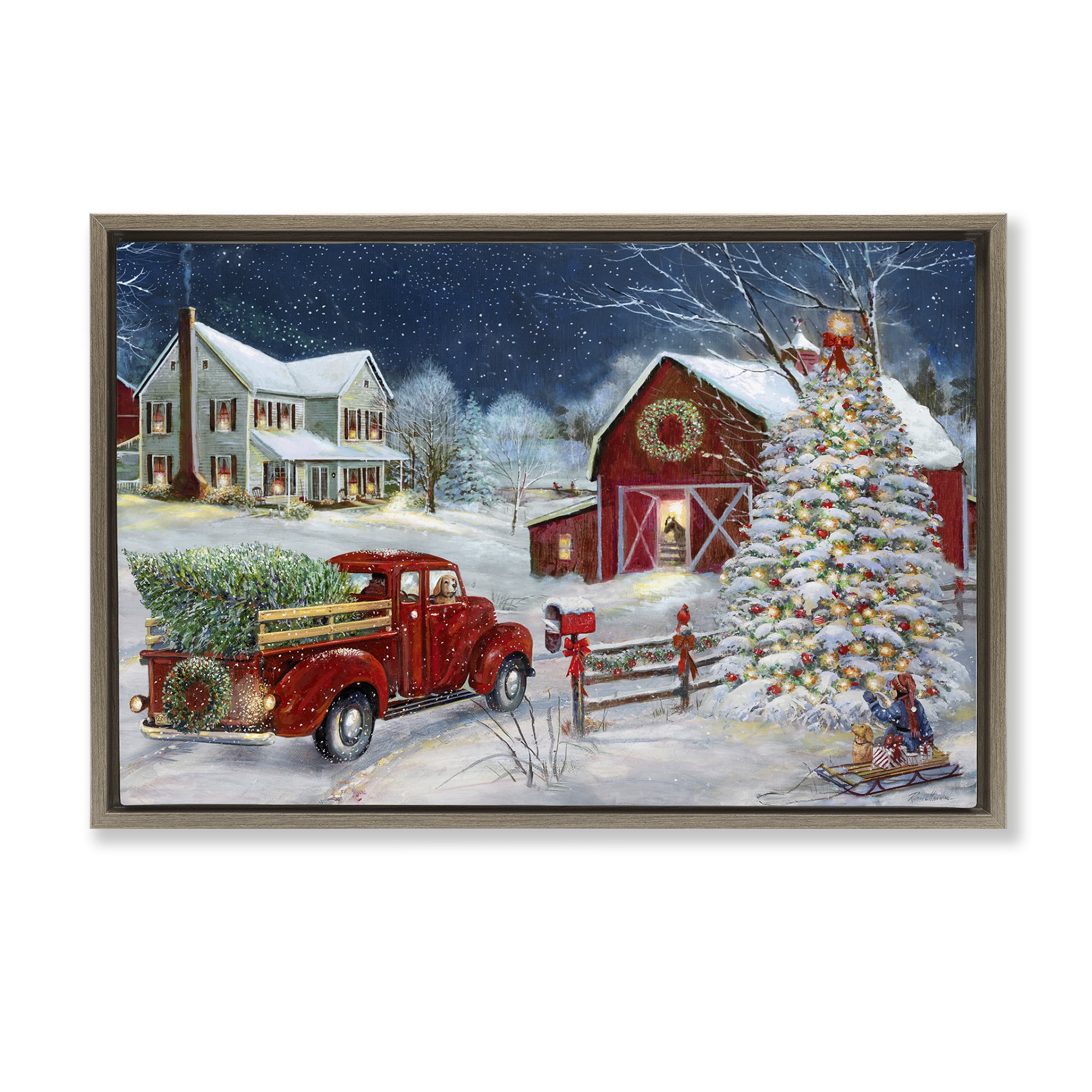 Stupell Industries Snowy Winter Farmhouse Holiday Painting Brown Floater Framed Canvas Art Prints Wall Art, 25 x 17