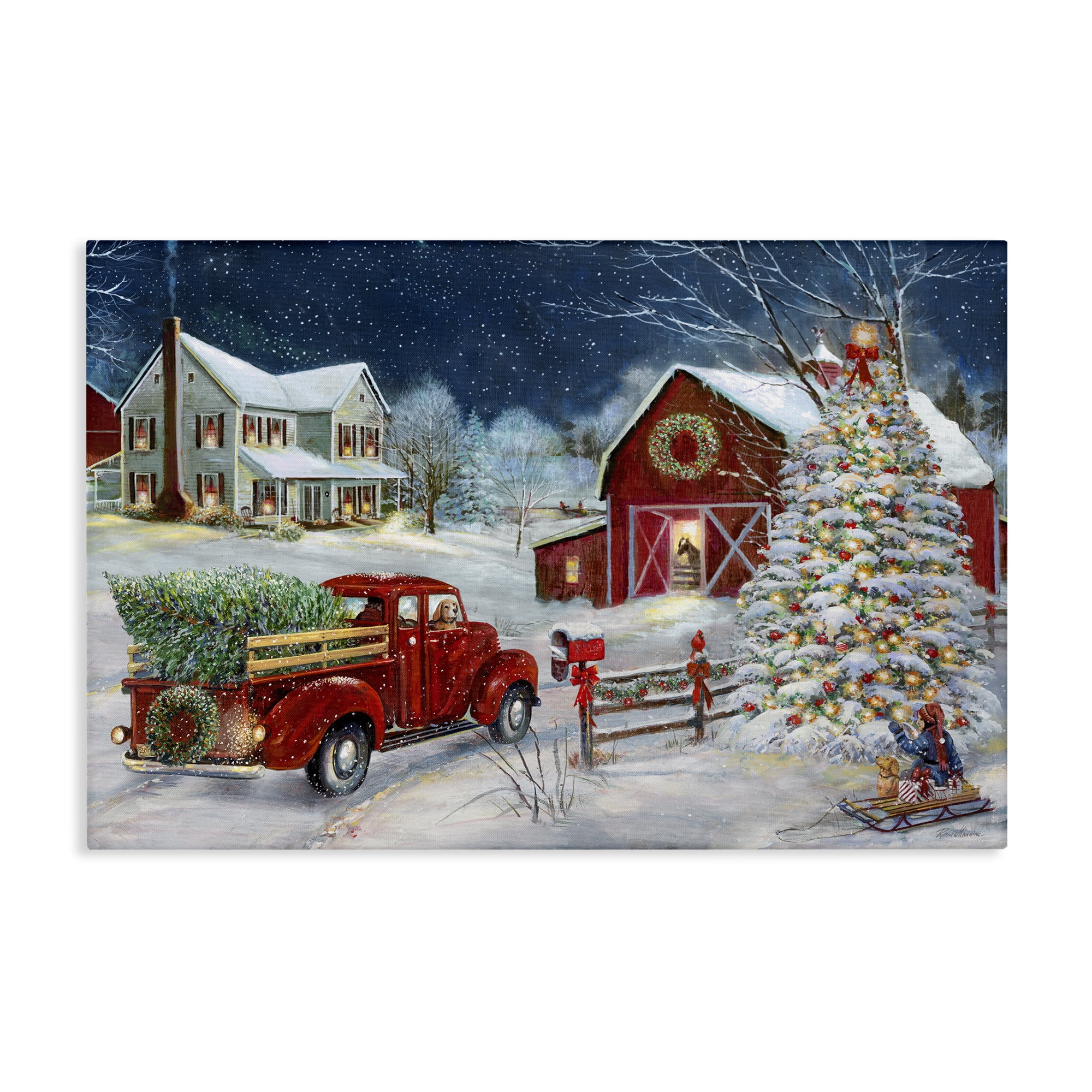 Stupell Industries Snowy Winter Farmhouse Holiday Painting Gallery Wrapped Canvas Art Prints Wall Art, 36 x 24