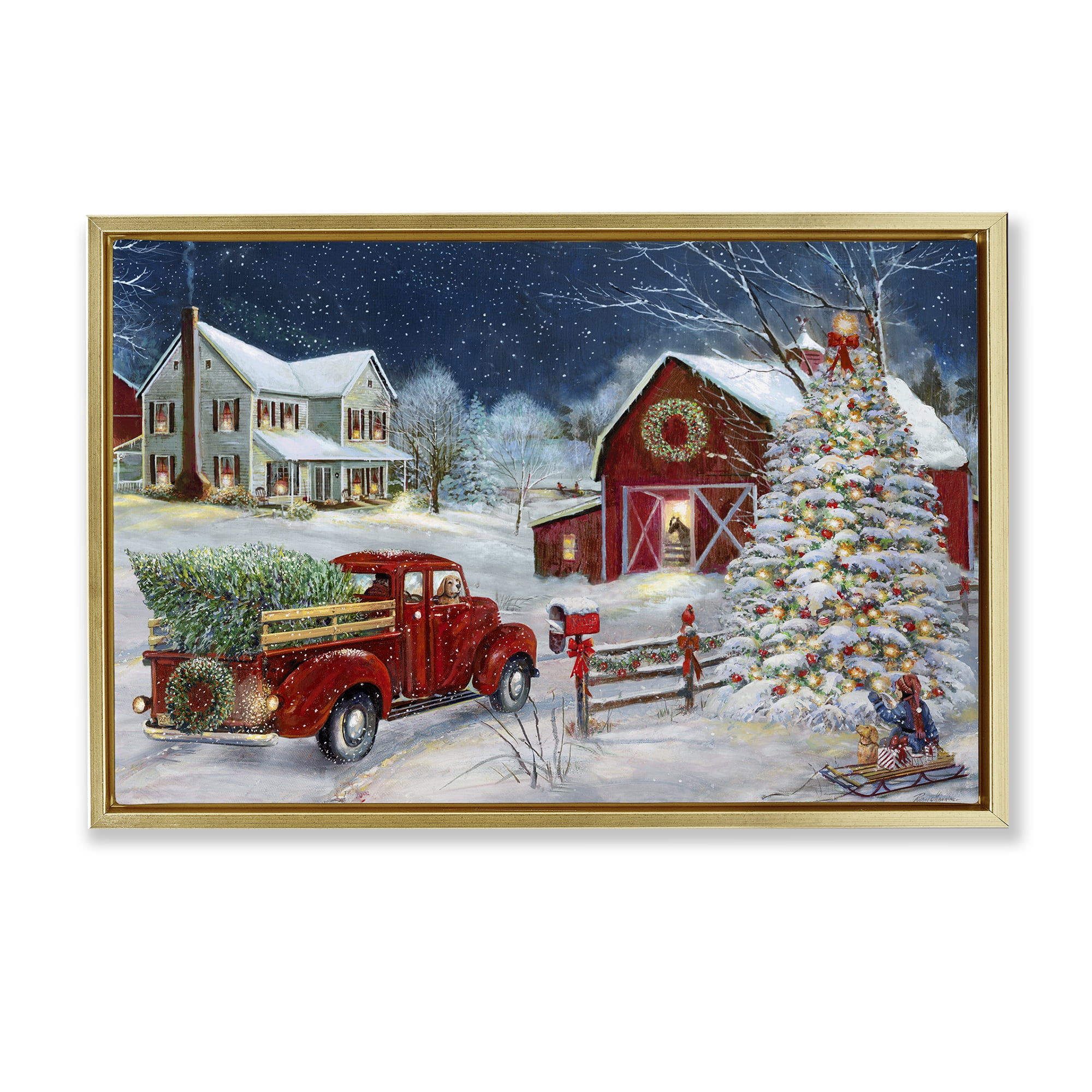 Stupell Industries Snowy Winter Farmhouse Holiday Painting Gold Floater Framed Canvas Art Prints Wall Art, 31 x 21