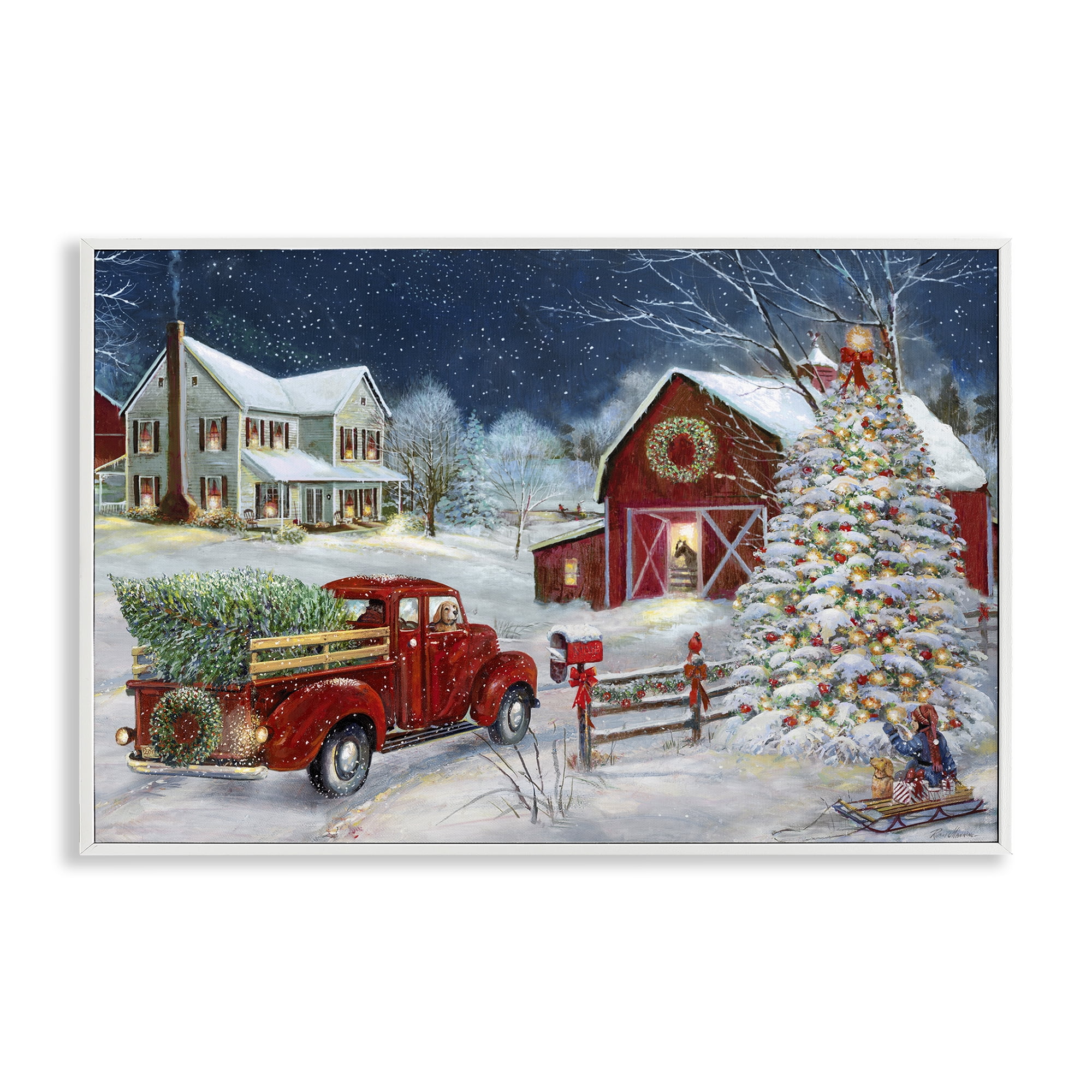 Stupell Industries Snowy Winter Farmhouse Holiday Painting White Framed Art Prints Wall Art, 30 x 20