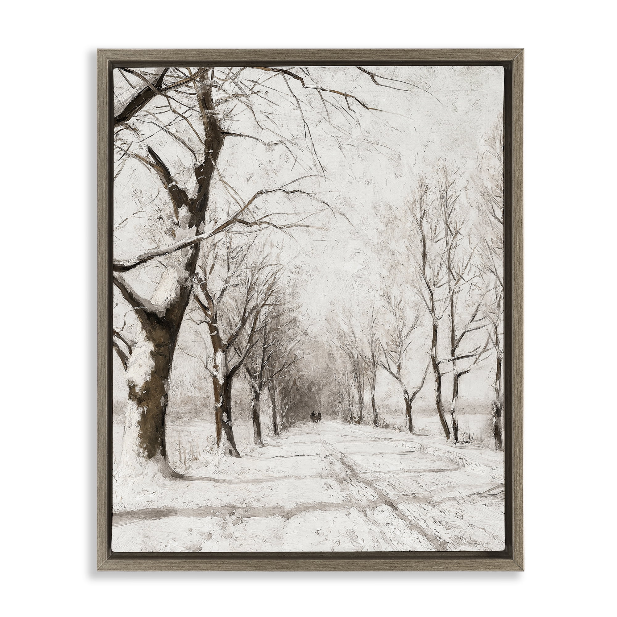 Stupell Industries Snowy Winter Lane Landscape Painting Brown Floater Framed Art Print Wall Art, 25 x 31