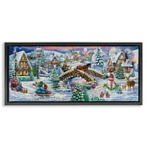 Stupell Industries Snowy Winter Townscape Holiday Painting Black Floater Framed Canvas Art Prints Wall Art, 25 x 11