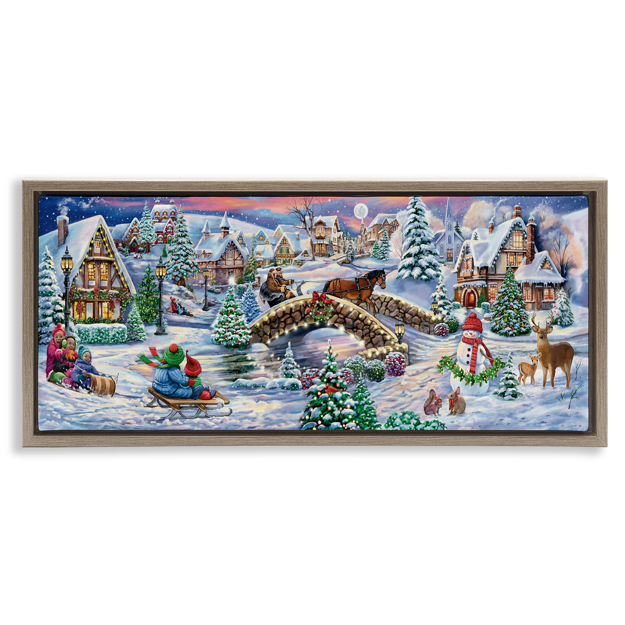 Stupell Industries Snowy Winter Townscape Holiday Painting Brown Floater Framed Canvas Art Prints Wall Art, 31 x 14
