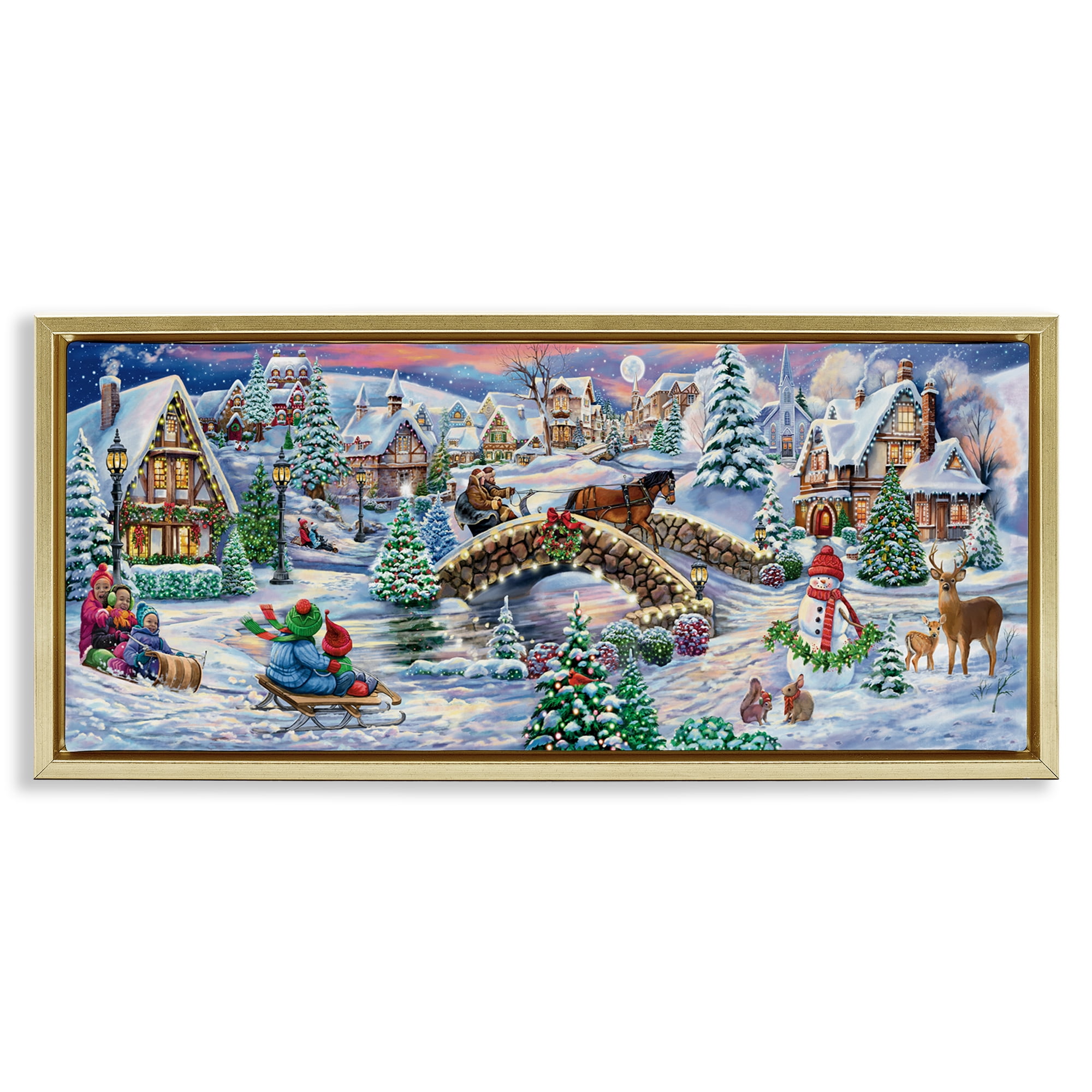 Stupell Industries Snowy Winter Townscape Holiday Painting Gold Floater Framed Canvas Art Prints Wall Art, 31 x 14