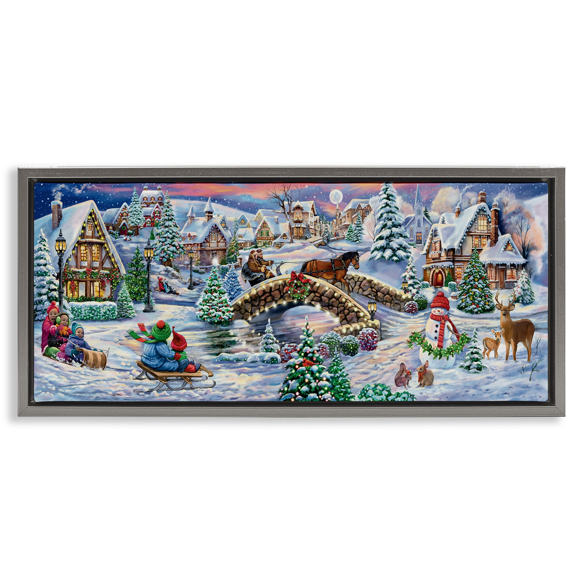 Stupell Industries Snowy Winter Townscape Holiday Painting Gray Floater Framed Canvas Art Prints Wall Art, 31 x 14