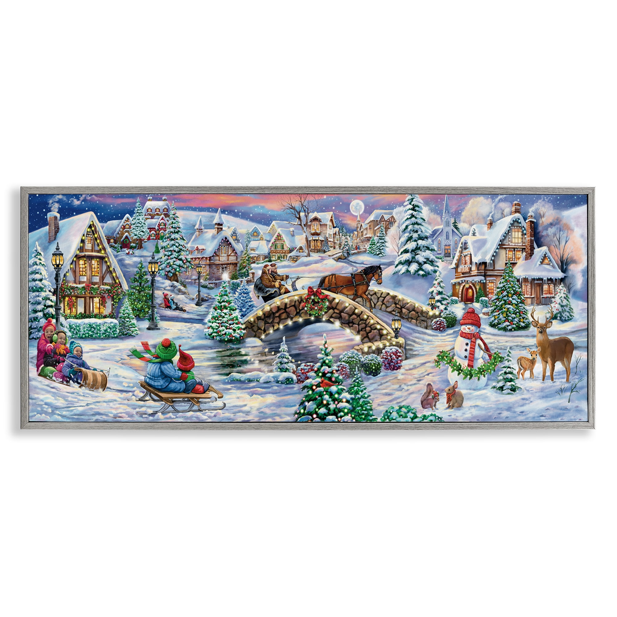 Stupell Industries Snowy Winter Townscape Holiday Painting Gray Framed Art Prints Wall Art, 30 x 13