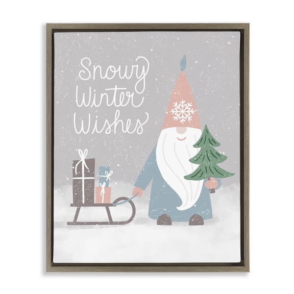 Stupell Industries Snowy Winter Wishes Gnome Brown Framed Floater Canvas Wall Art design by Jilly Jack Designs, 21 x 17