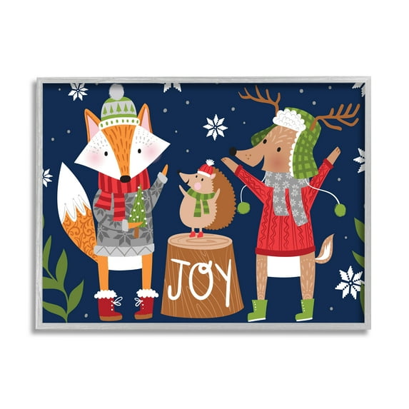 Stupell Industries Snowy Winter Woodland Animals Adorable Fox Reindeer Hedgehog Animals & Insects Painting Gray Framed Art Print Wall Art, 16 x 20