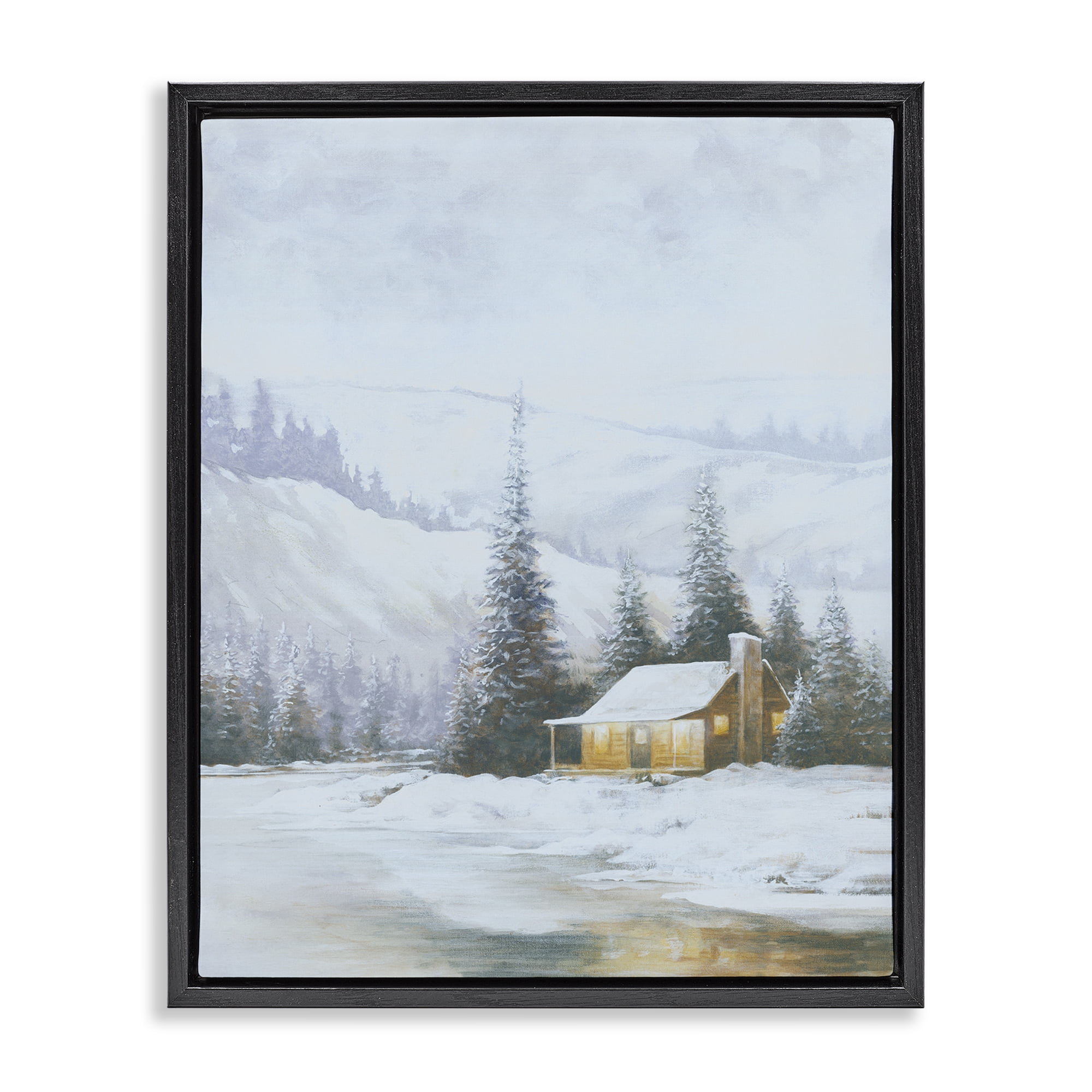 Stupell Industries Snowy Woodland Cabin Landscape Painting Black Floater Framed Art Print Wall Art, 25 x 31