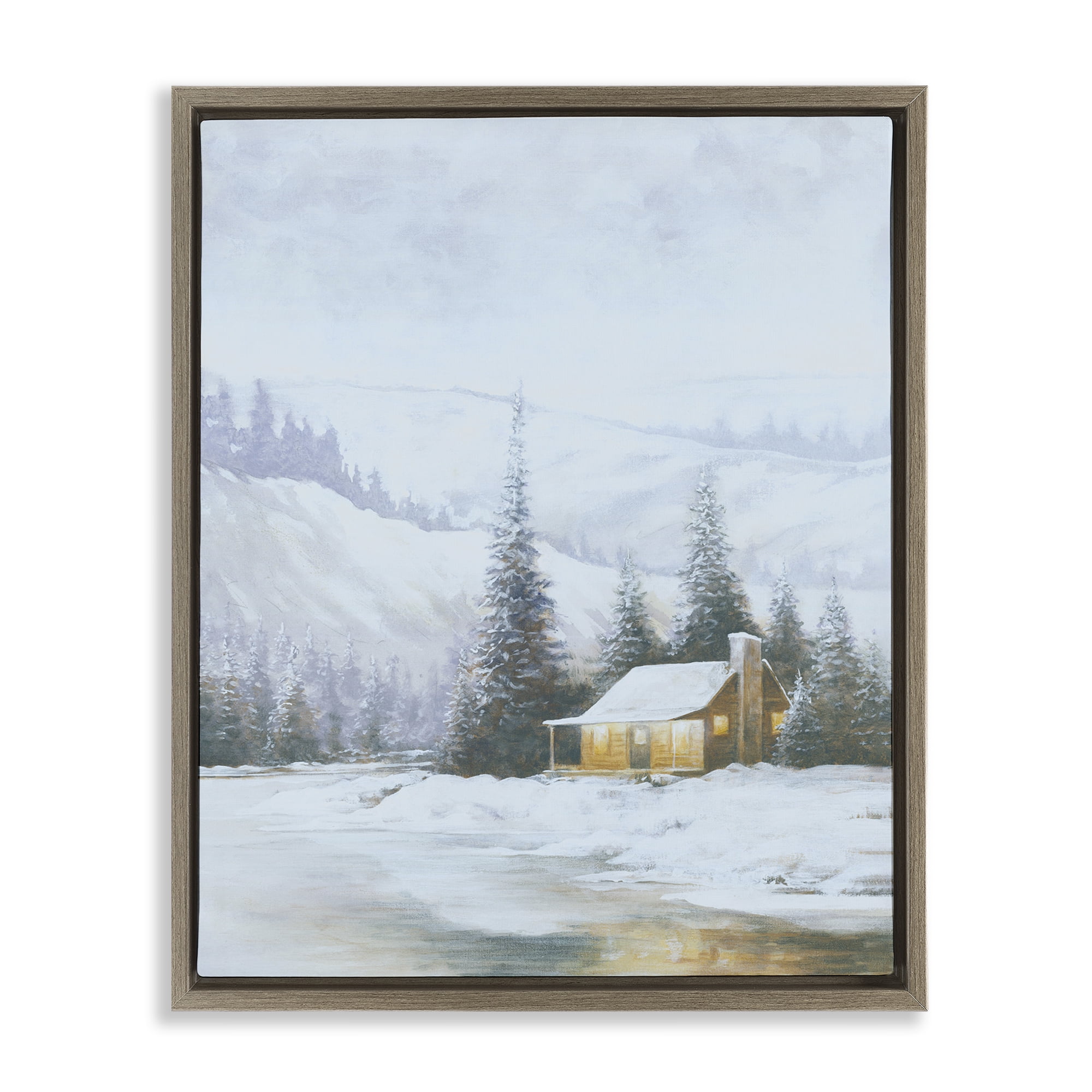Stupell Industries Snowy Woodland Cabin Landscape Painting Brown Floater Framed Art Print Wall Art, 25 x 31