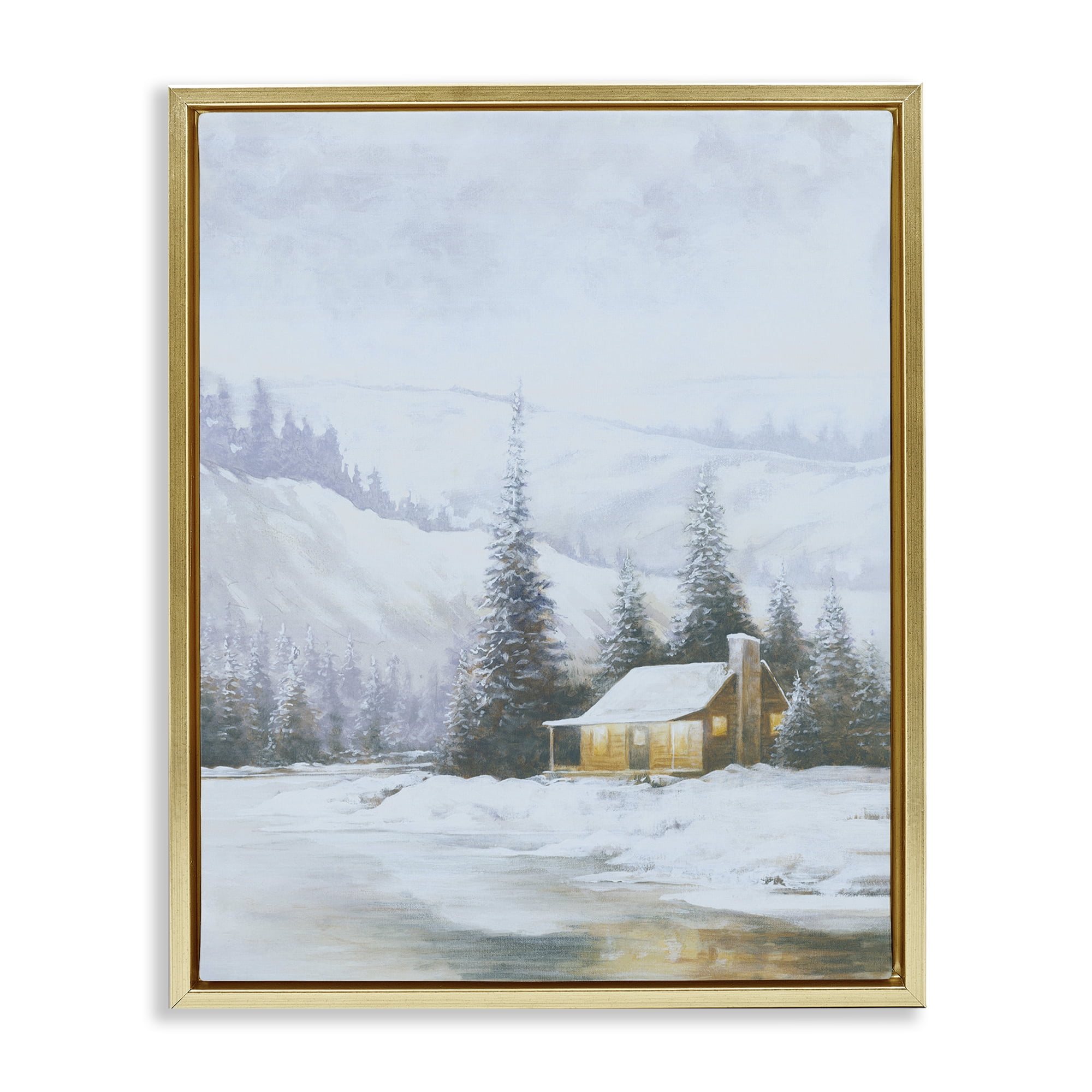 Stupell Industries Snowy Woodland Cabin Landscape Painting Gold Floater Framed Art Print Wall Art, 17 x 21