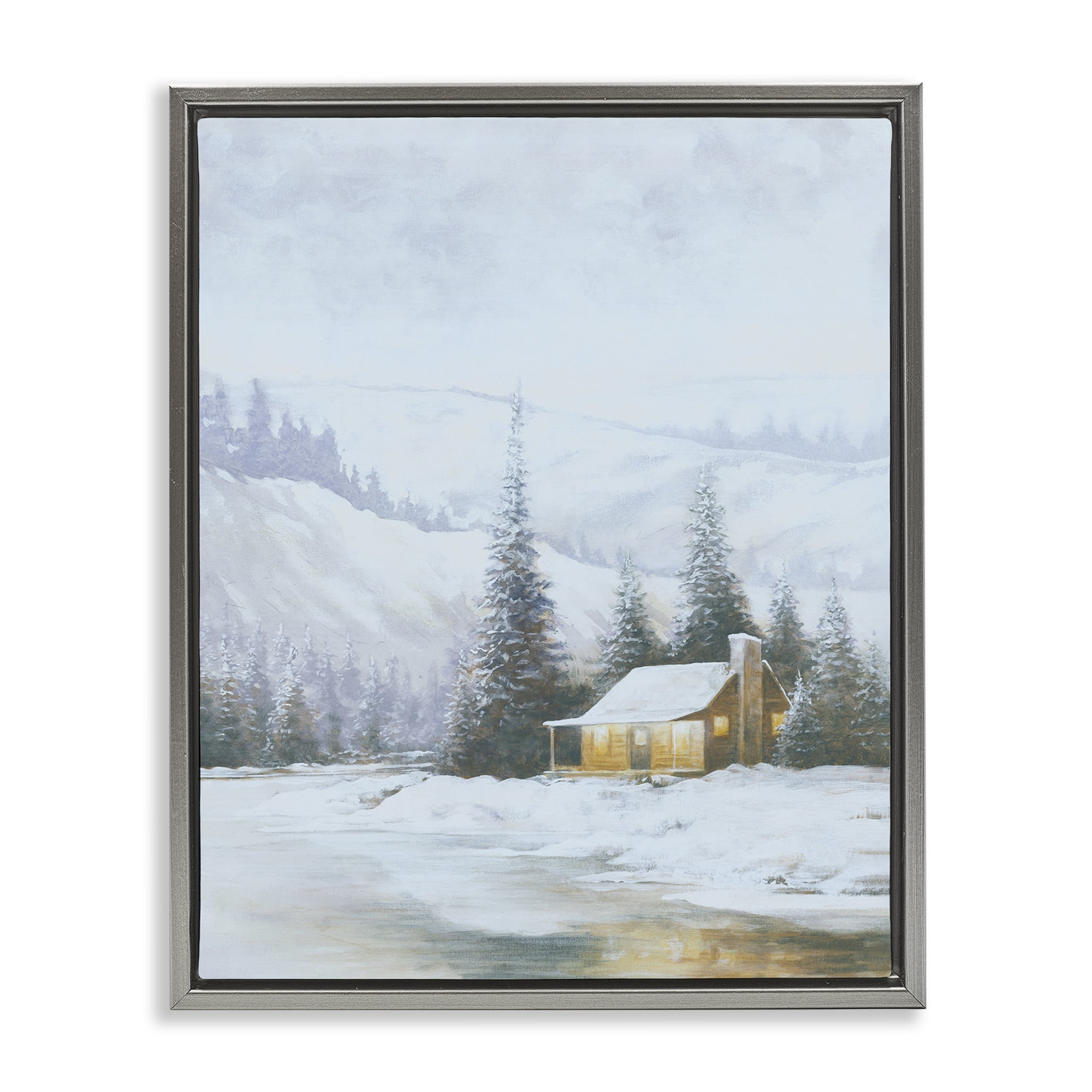 Stupell Industries Snowy Woodland Cabin Landscape Painting Gray Floater Framed Art Print Wall Art, 17 x 21