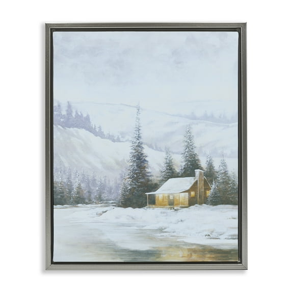 Stupell Industries Snowy Woodland Cabin Landscape Painting Gray Floater Framed Art Print Wall Art, 25 x 31