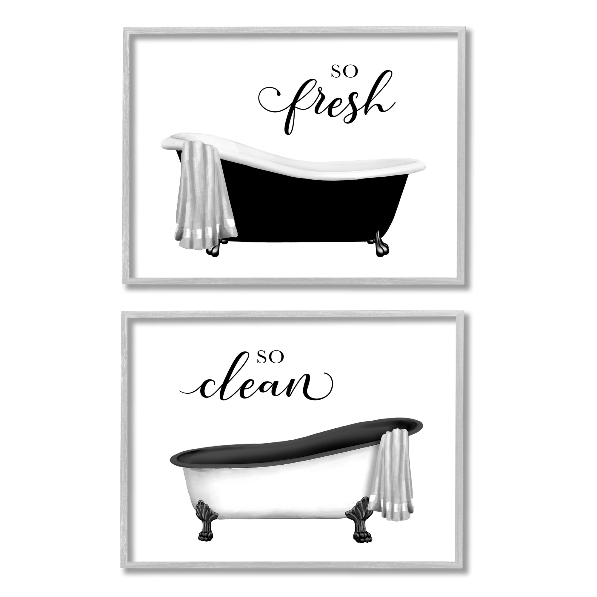 Stupell Industries So Fresh & Clean Bathtubs Typography Painting Gray Framed Art Print Wall Art, Set of 2