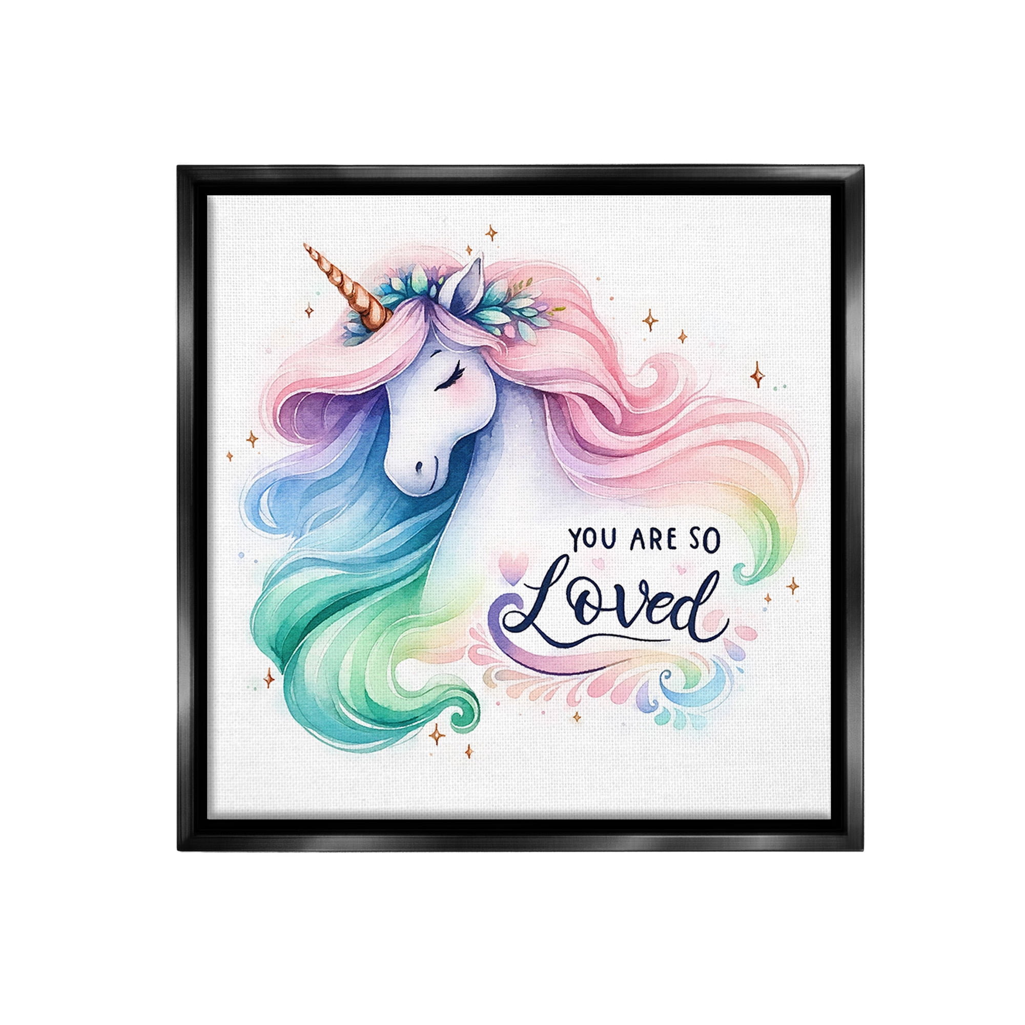 Stupell Industries So Loved Unicorn Fairy Tales & Fantasy Painting Black Floater Framed Canvas Art Print Wall Art, 18 x 18