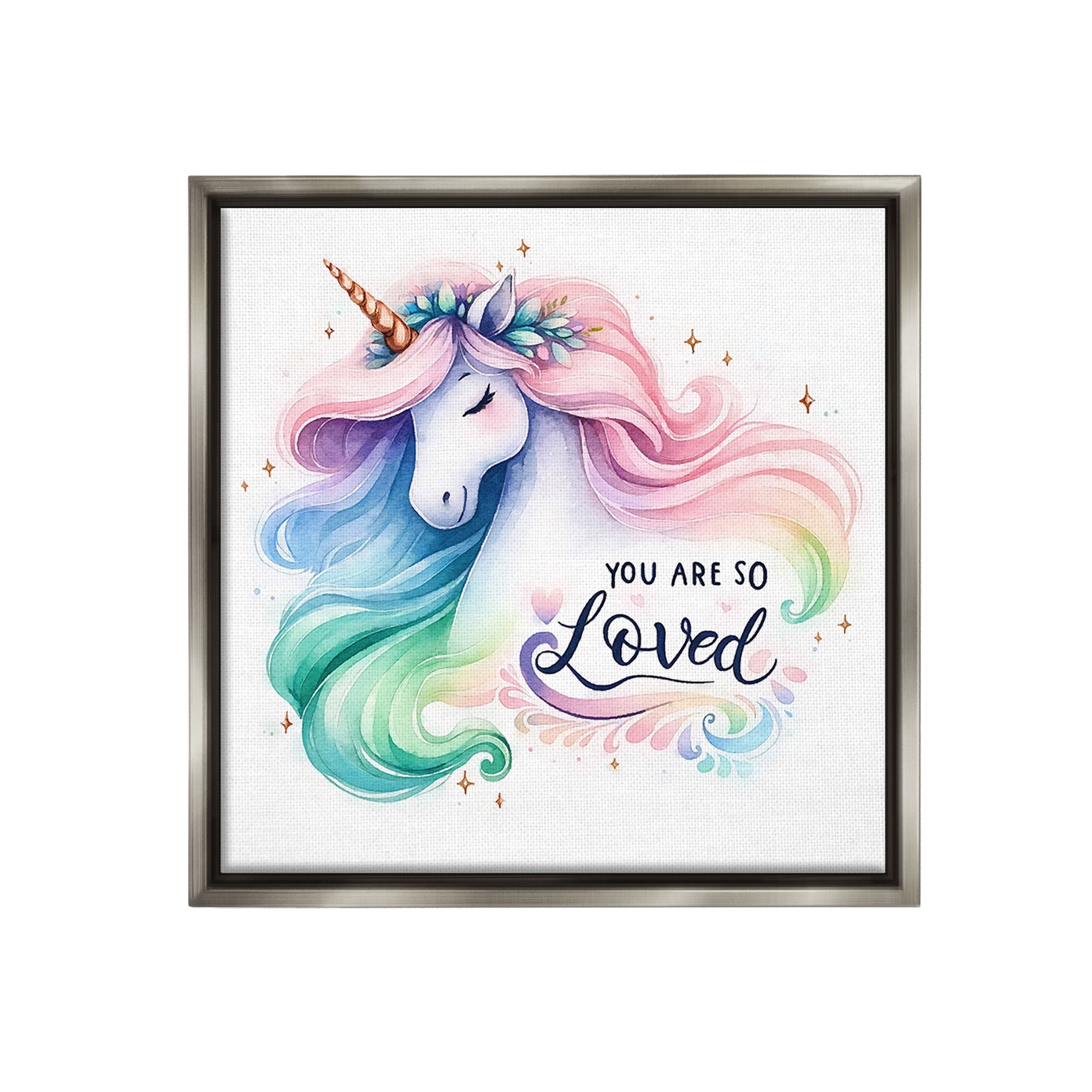 Stupell Industries So Loved Unicorn Fairy Tales & Fantasy Painting Gray Floater Framed Canvas Art Print Wall Art, 25 x 25