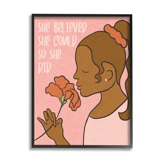Stupell Industries So She Did Inspirational Phrase Girl with Flower Inspirational Painting Black Framed Art Print Wall Art, 11 x 14