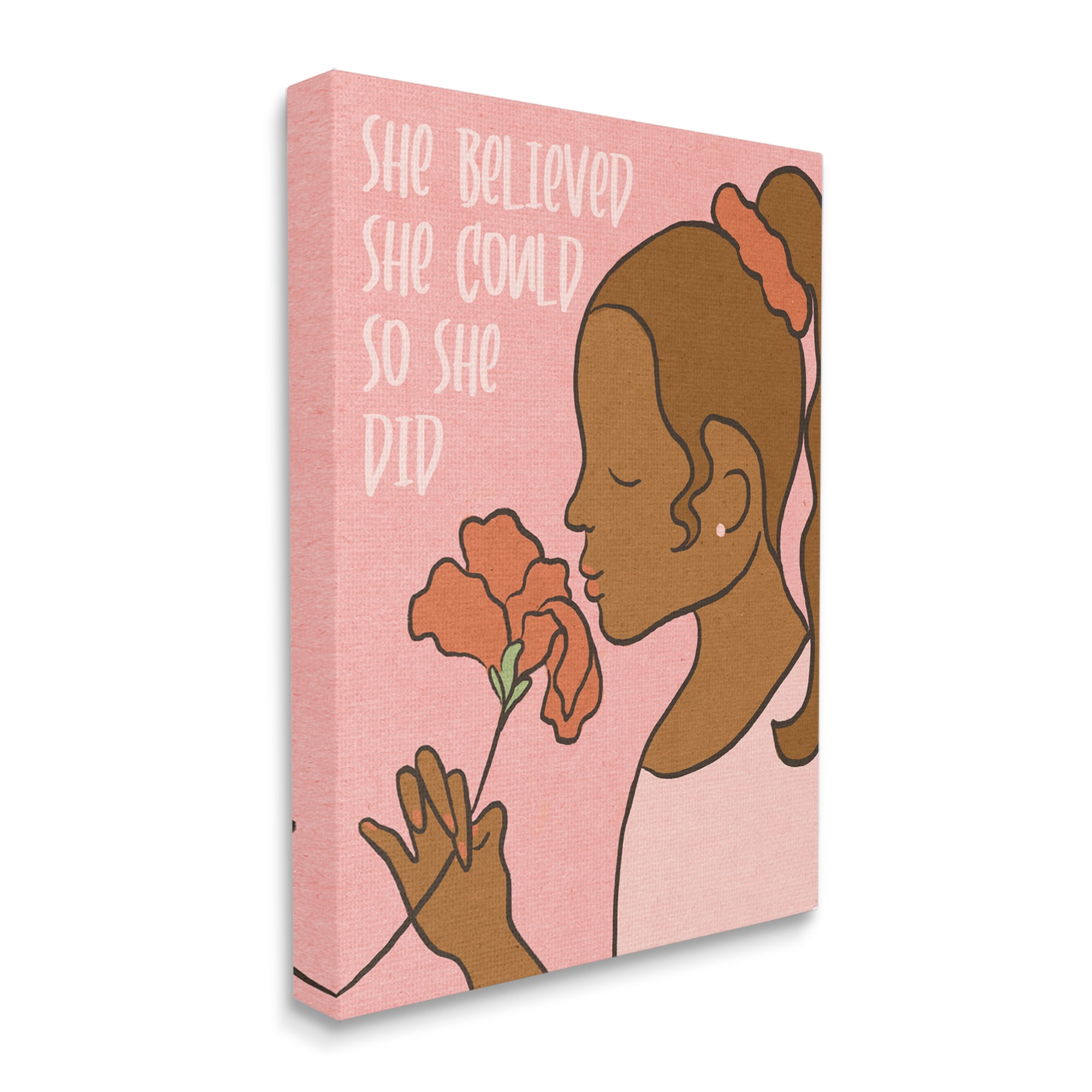 Stupell Industries So She Did Inspirational Phrase Girl with Flower Inspirational Painting Gallery Wrapped Canvas Art Print Wall Art, 16 x 20