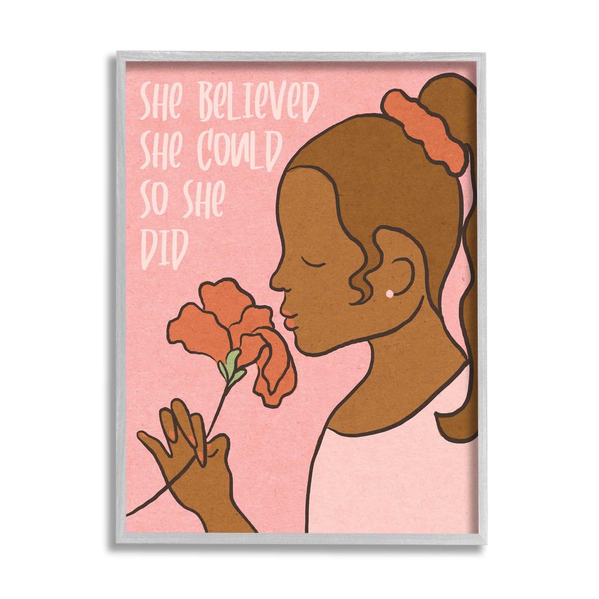 Stupell Industries So She Did Inspirational Phrase Girl with Flower Inspirational Painting Gray Framed Art Print Wall Art, 11 x 14