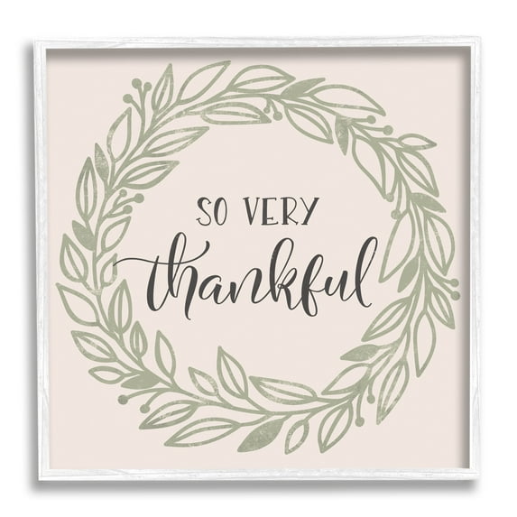 Stupell Industries So Very Thankful Casual Leaf Outline Wreath Graphic Art White Framed Art Print Wall Art, Design by Jennifer Wambach